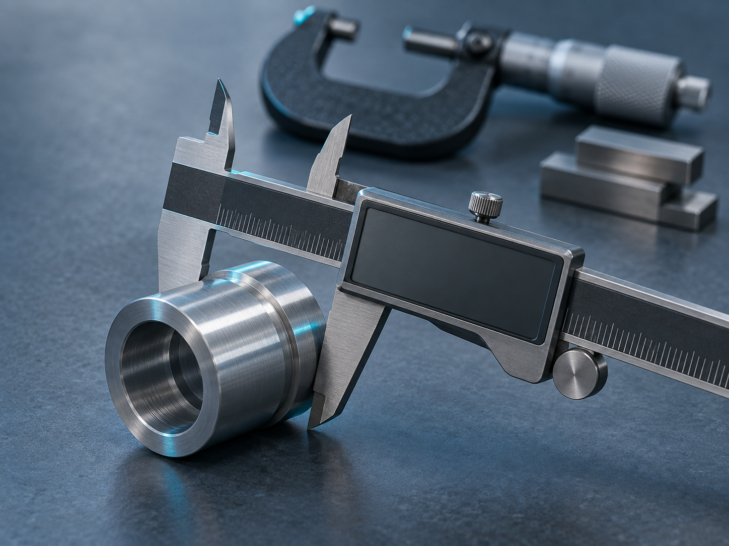 A digital caliper measuring the outside diameter of a freshly machined aluminium part on an inspection bench, the jaws closed around the workpiece