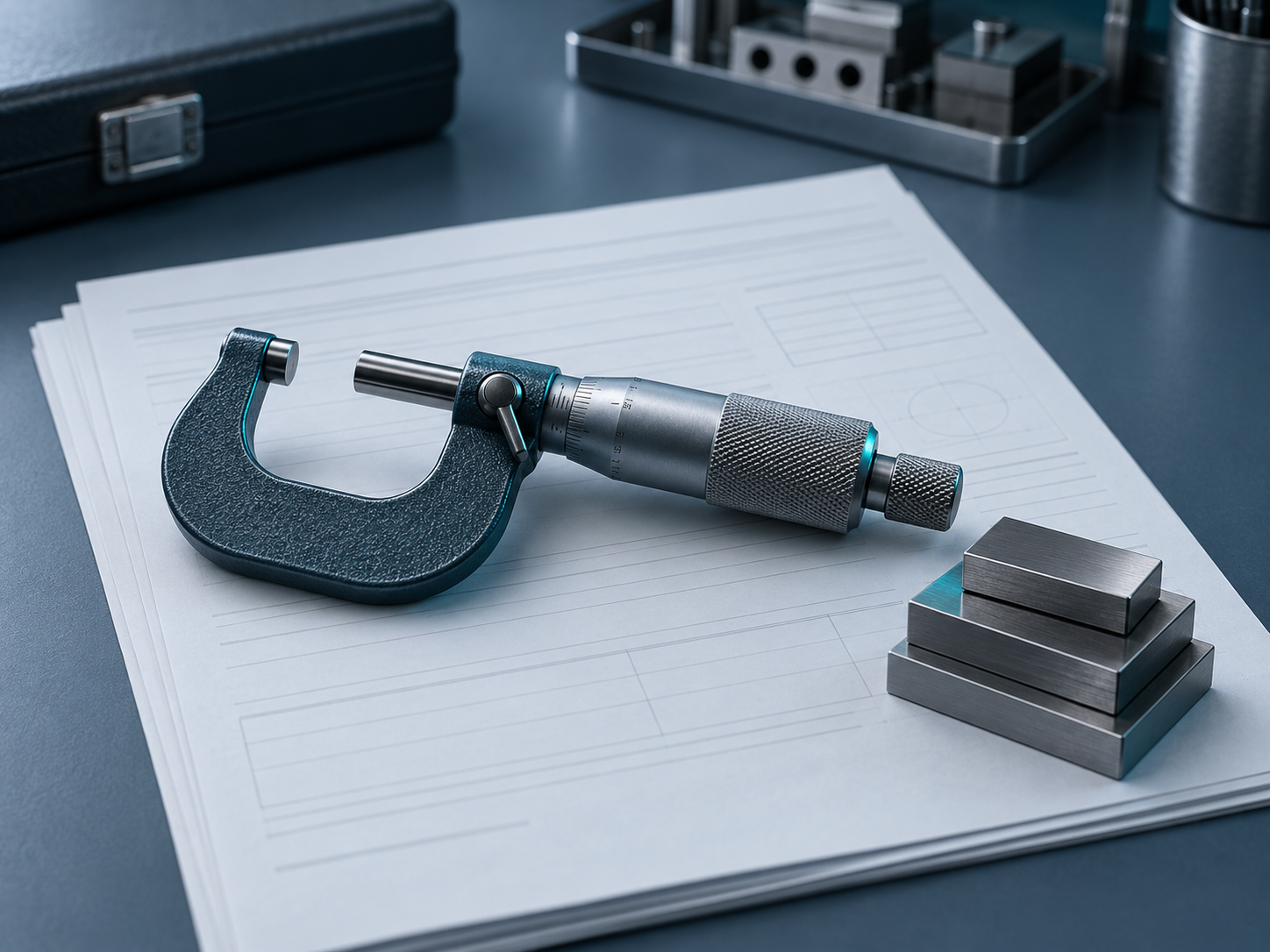 A precision micrometer resting on a small stack of calibration certificate pages beside gauge blocks on a blue-slate desk, arranged as an evidence chain