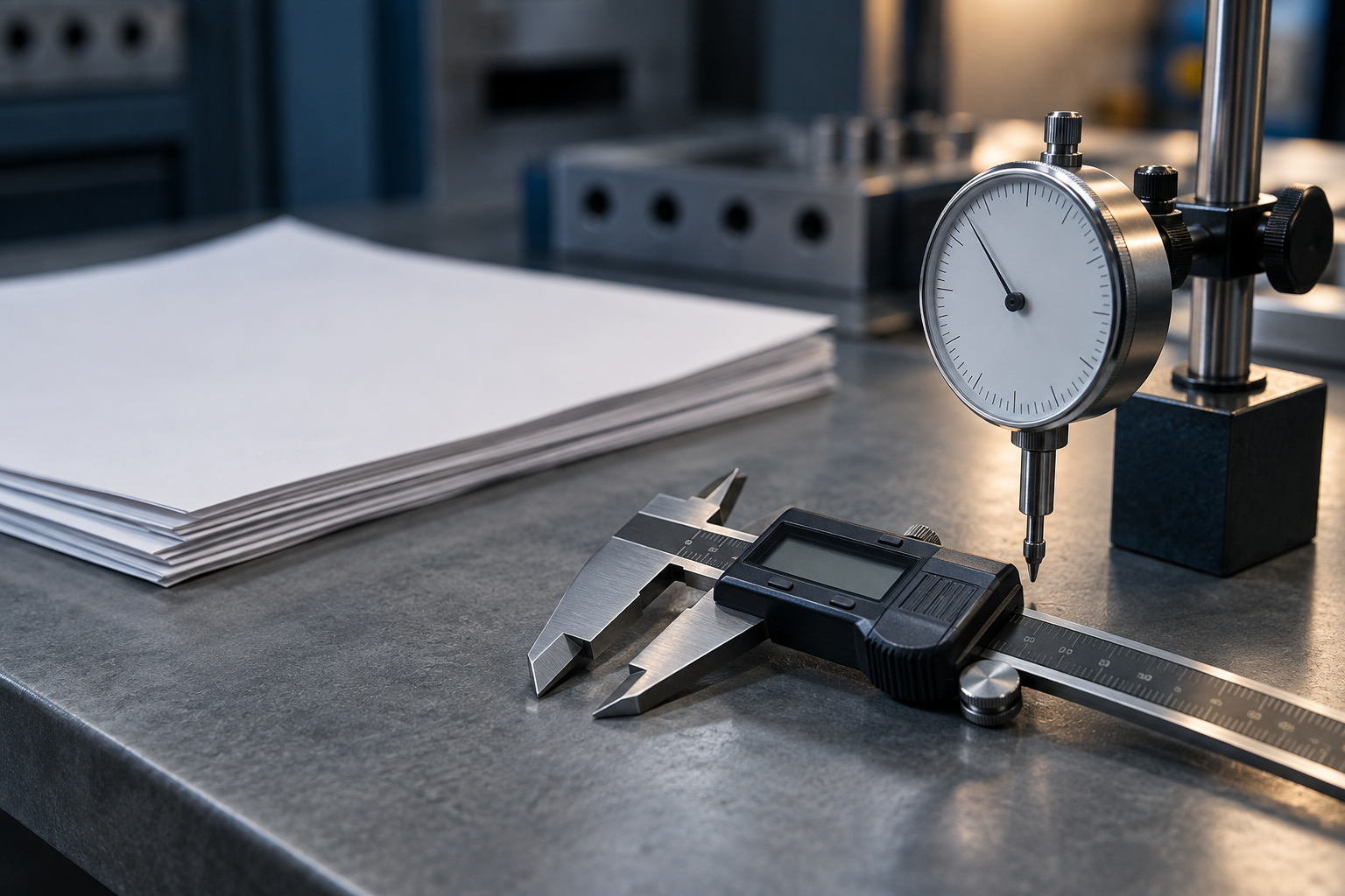 Blank printed certificates stacked beside a precision dial gauge and digital caliper on a grey inspection bench, evoking manual re-keying of results