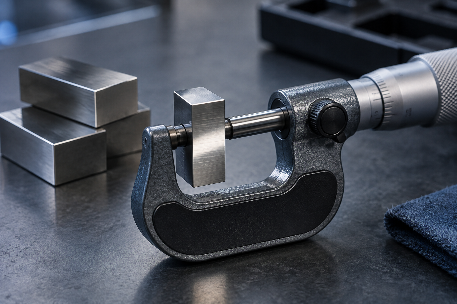 Macro view of a micrometer measuring a polished steel gauge block with additional wrung blocks on the bench, showing an as-found measurement being taken