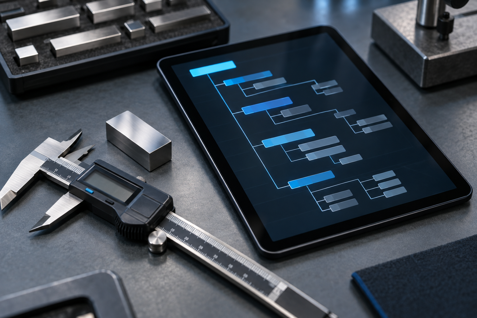 A tablet on the inspection bench showing an abstract branching node diagram of nested data fields, beside a digital caliper and gauge block, depicting a certificate stored as queryable structure