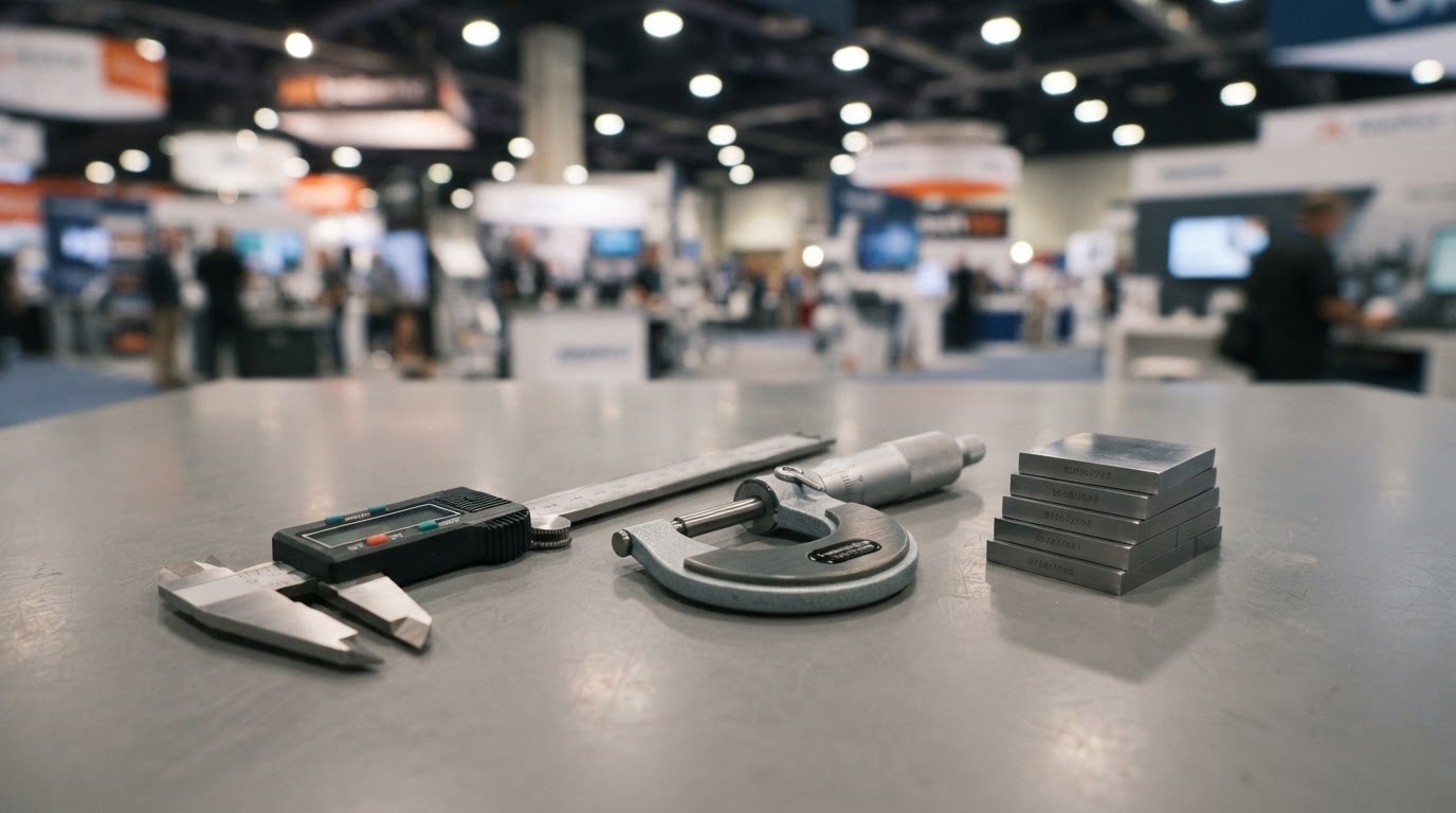 Precision measuring instruments — a digital caliper, micrometer and gauge blocks — arranged on a neutral inspection bench in a blurred trade-show exhibition hall