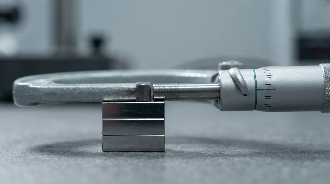 Extreme macro of a micrometer spindle closing on a wrung stack of precision gauge blocks