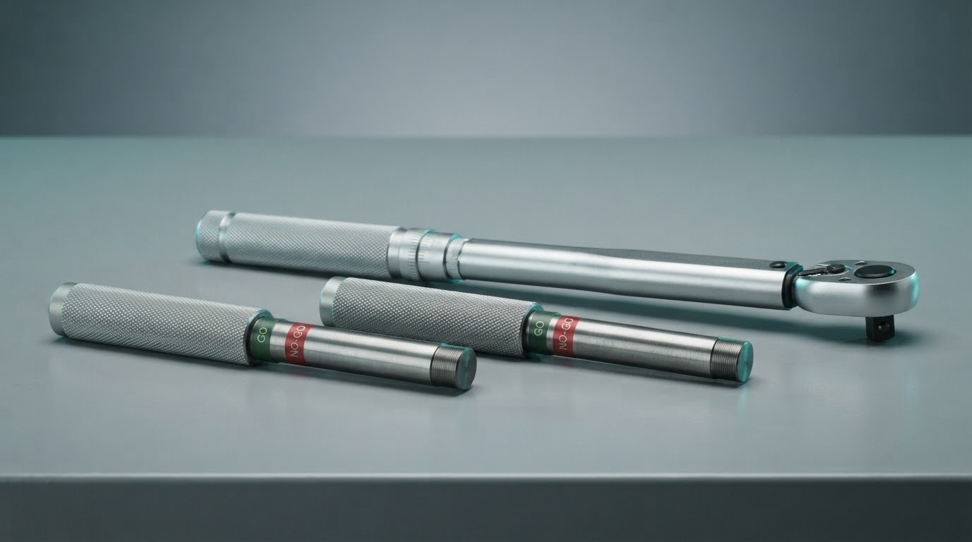 Go/no-go plug gauges and a calibrated torque wrench arranged on a neutral inspection bench