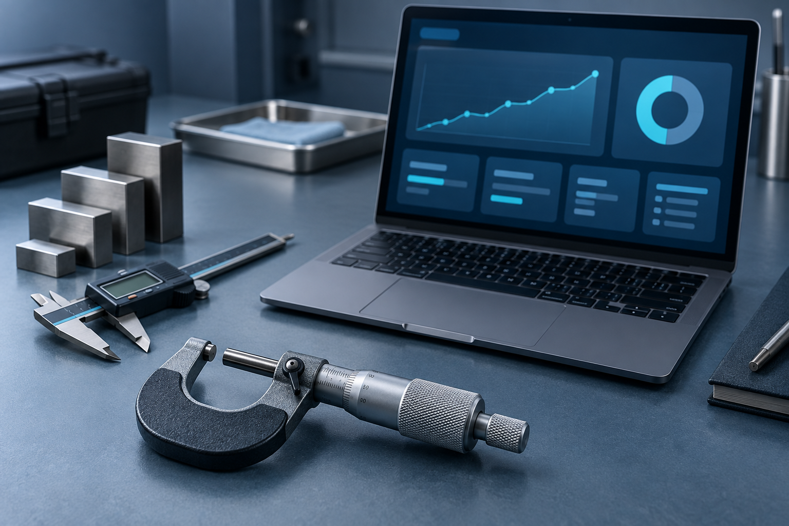 Precision micrometer, digital caliper and gauge blocks on a blue-slate workbench beside an open laptop showing an abstract dashboard, representing the moment of a calibration data migration