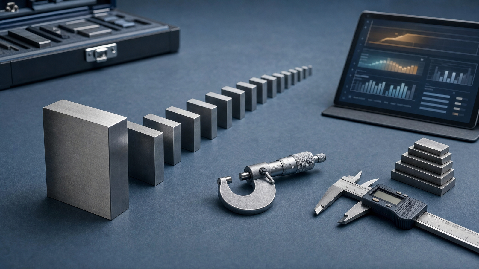 A receding row of graduated steel gauge blocks on a blue-slate bench like a chronological timeline, symbolizing preserved calibration history