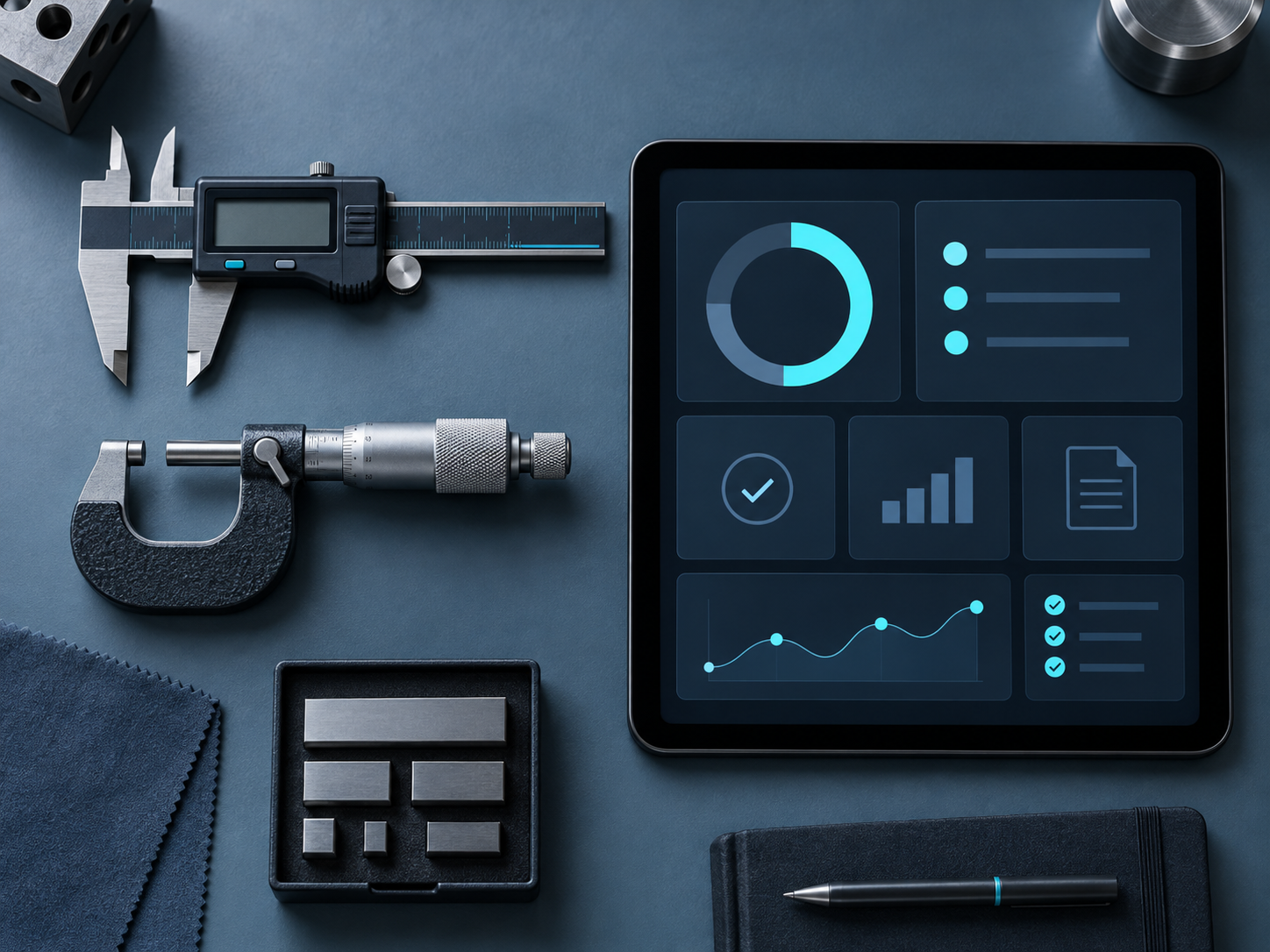 Micrometer and digital caliper beside a tablet lying flat on a blue-slate bench showing an organized abstract dashboard, seen from above, representing a validated audit-ready migration