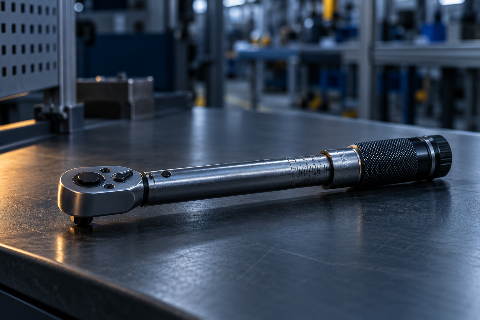 A single precision torque wrench isolated on a neutral blue-slate workbench at an empty check-out station