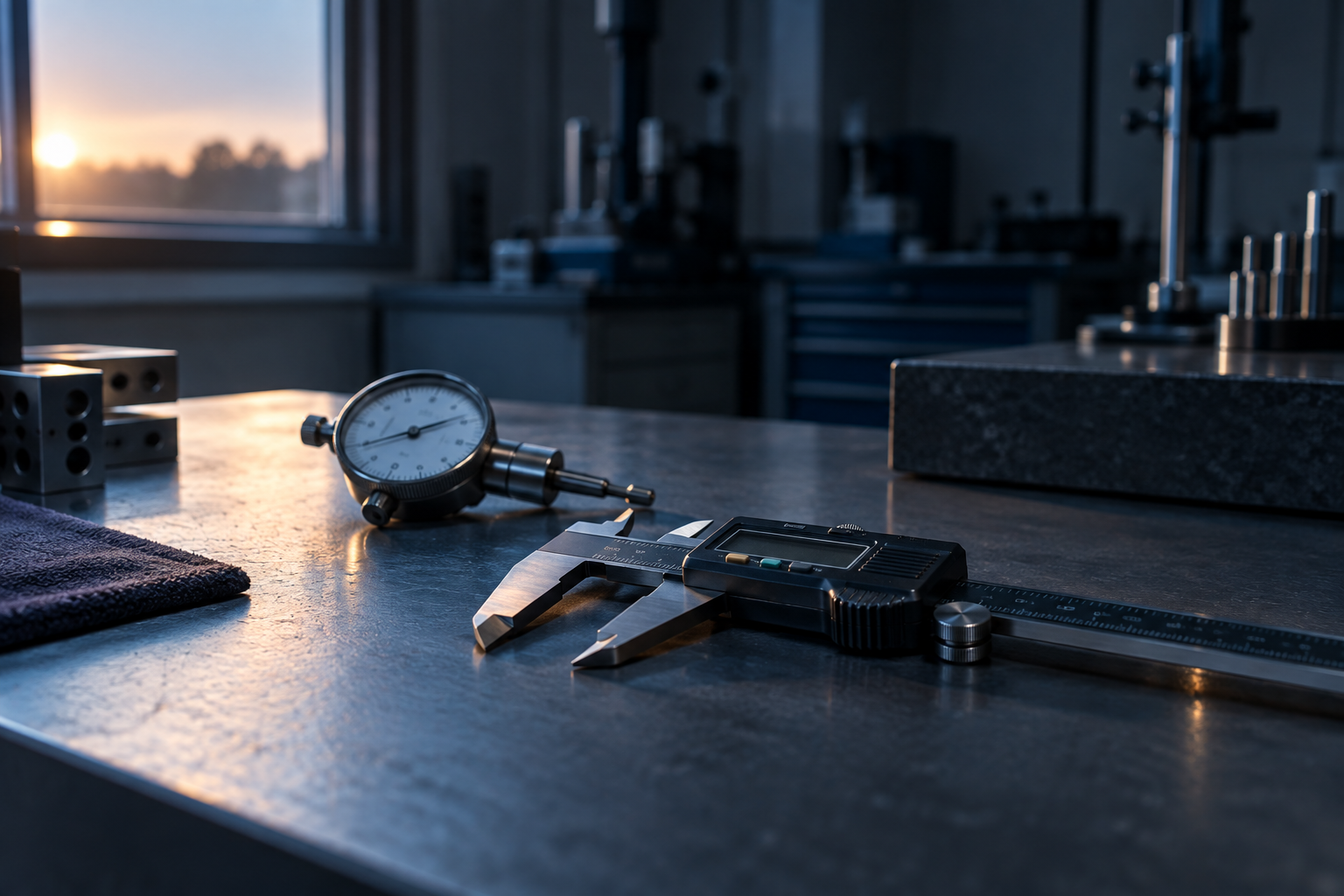 A quiet European calibration lab at the start of the working day, cool early light on a caliper and dial gauge