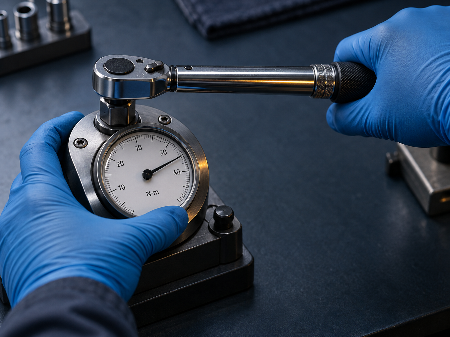 Gloved hands verifying a precision torque wrench against a reference dial, the fix being completed calmly