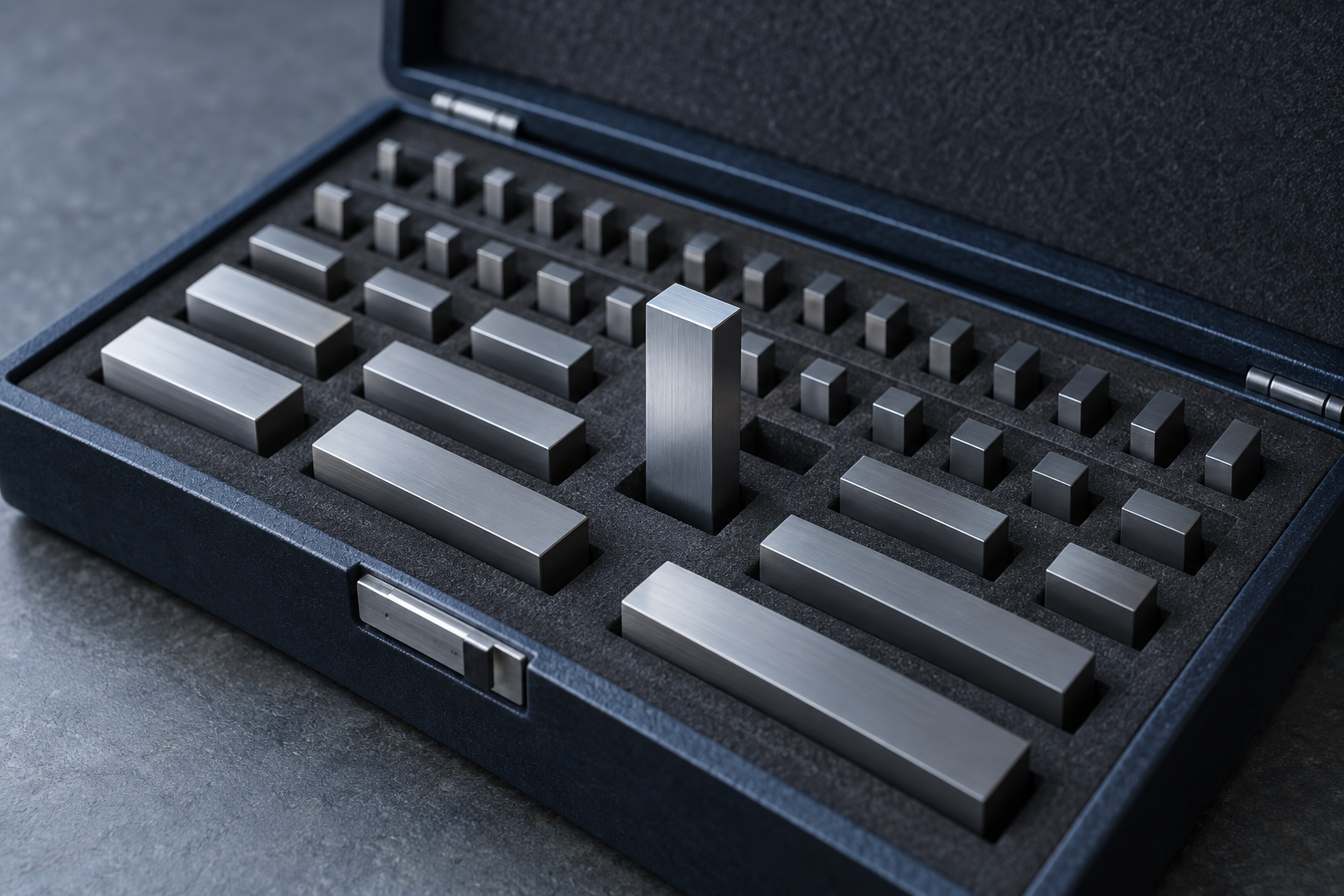 An open precision gauge block set in its fitted foam case on a neutral workbench