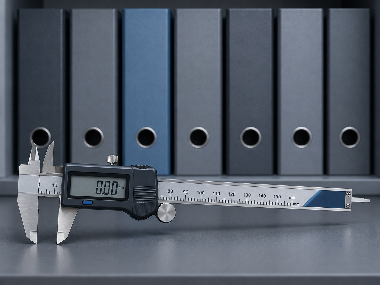 A digital caliper in the foreground with a row of plain unlabeled archival binders behind it