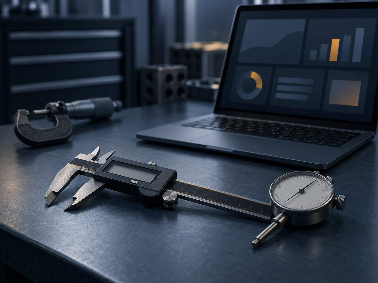 A caliper and dial gauge in focus on a blue-slate workbench, with one lone micrometer sitting in shadow just outside the light, beside a laptop showing an abstract organized dashboard