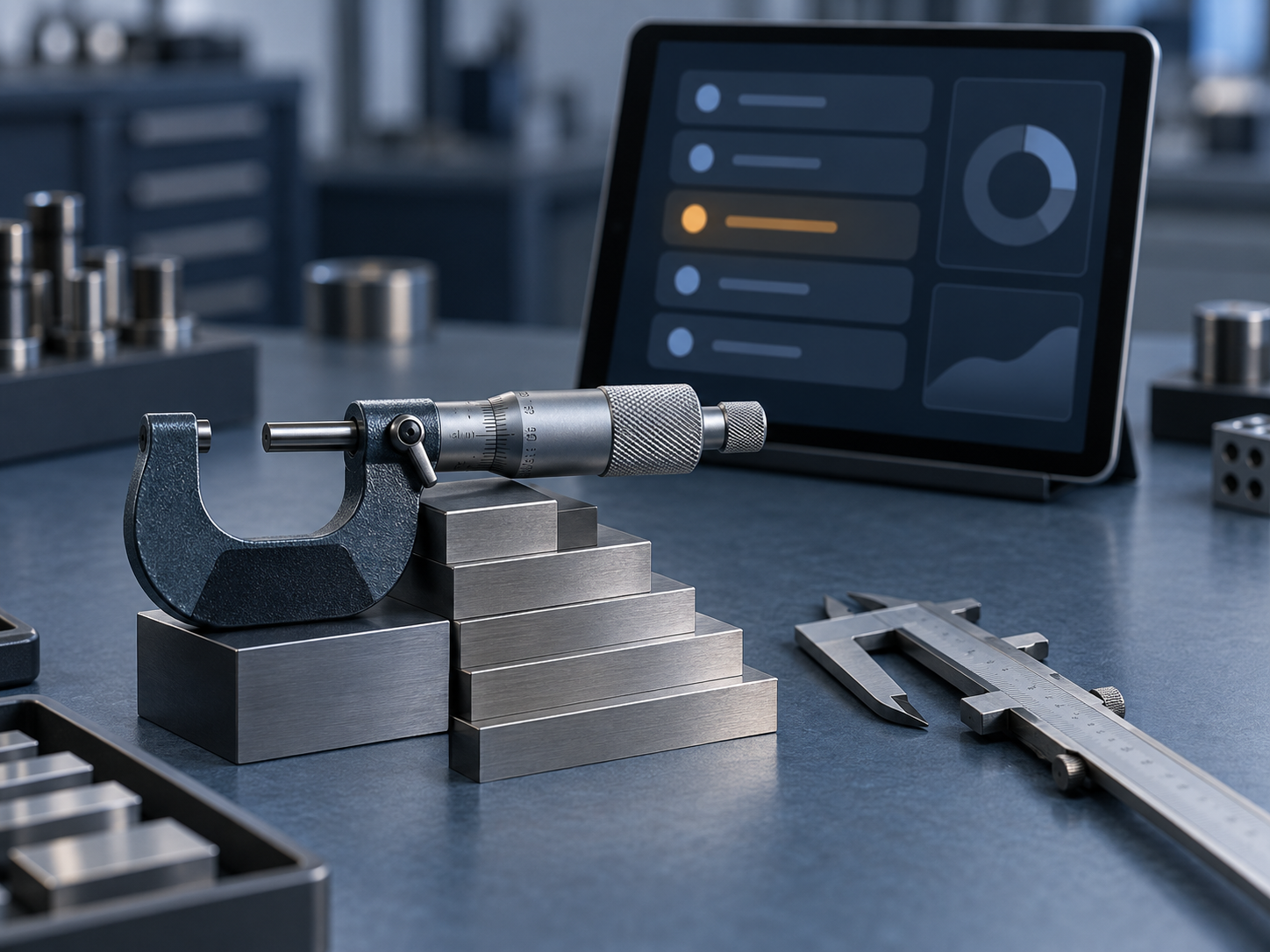 A precision micrometer resting on stacked gauge blocks with a caliper aligned beside them, and an upright tablet showing an abstract organized status dashboard