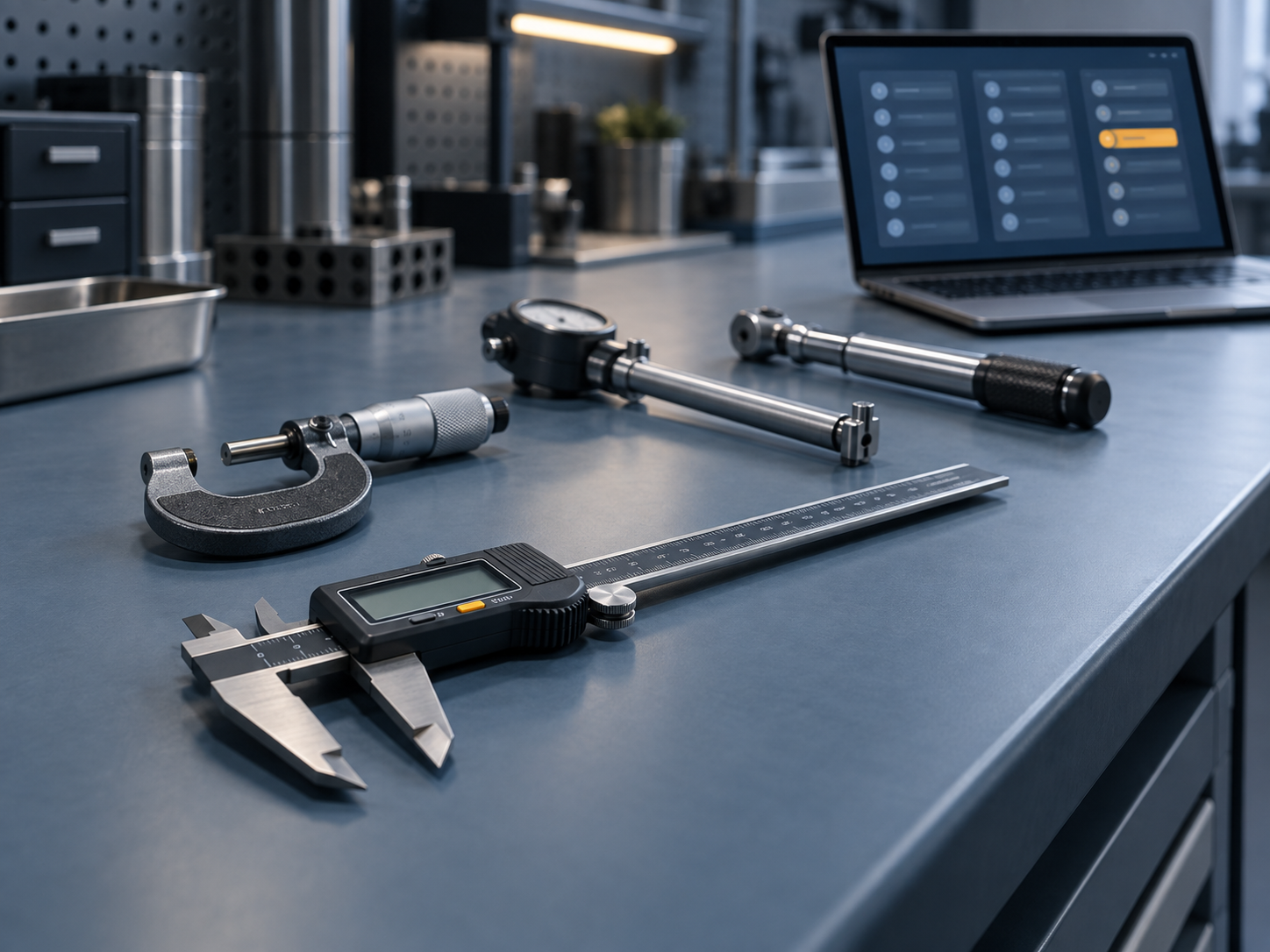 A row of precision instruments — micrometer, caliper, bore gauge and torque wrench — laid out in order along a blue-slate bench toward a laptop showing an organized dashboard