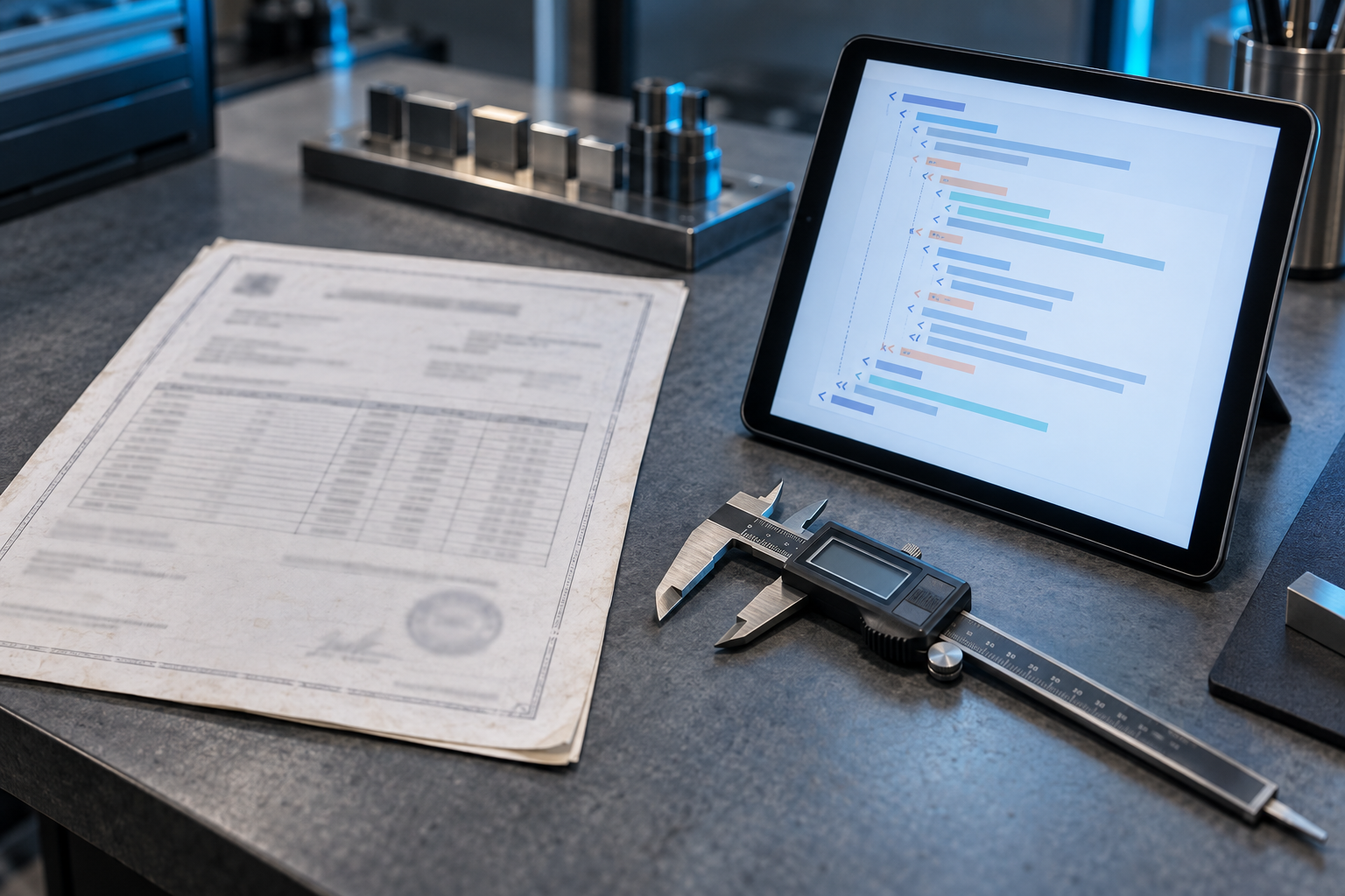A worn paper calibration certificate on a grey inspection bench beside a tablet showing an abstract structured-data certificate layout, with a digital caliper between them