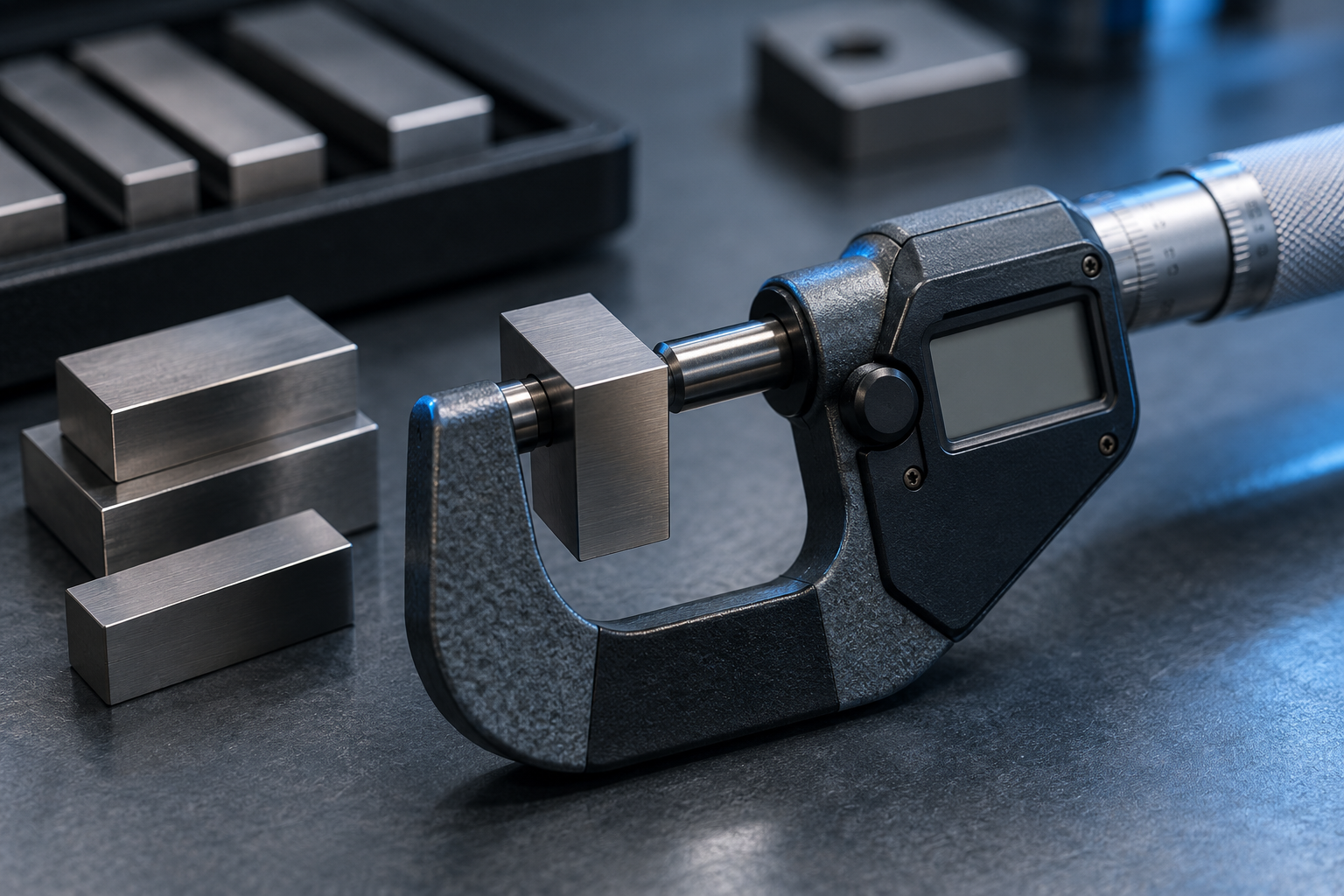 Macro close-up of a precision digital micrometer measuring a polished gauge block on a blue-slate inspection bench