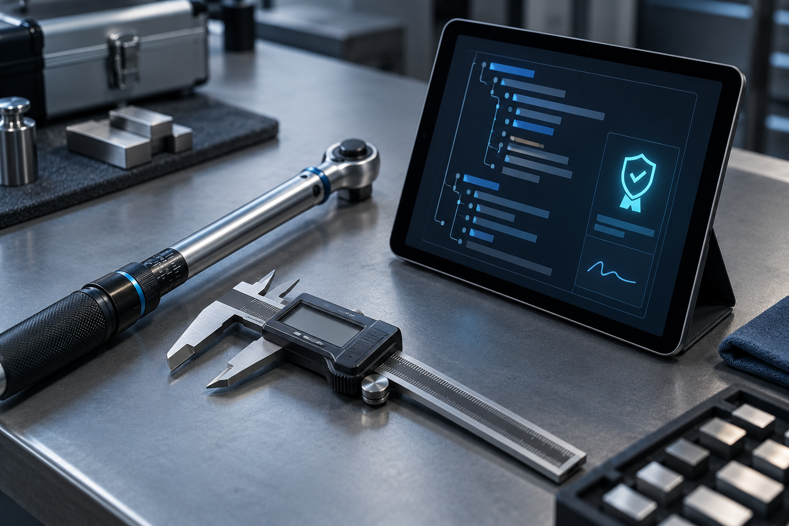 A torque wrench and digital caliper on an inspection bench beside a tablet showing an abstract signed structured certificate with a glowing cyan seal glyph