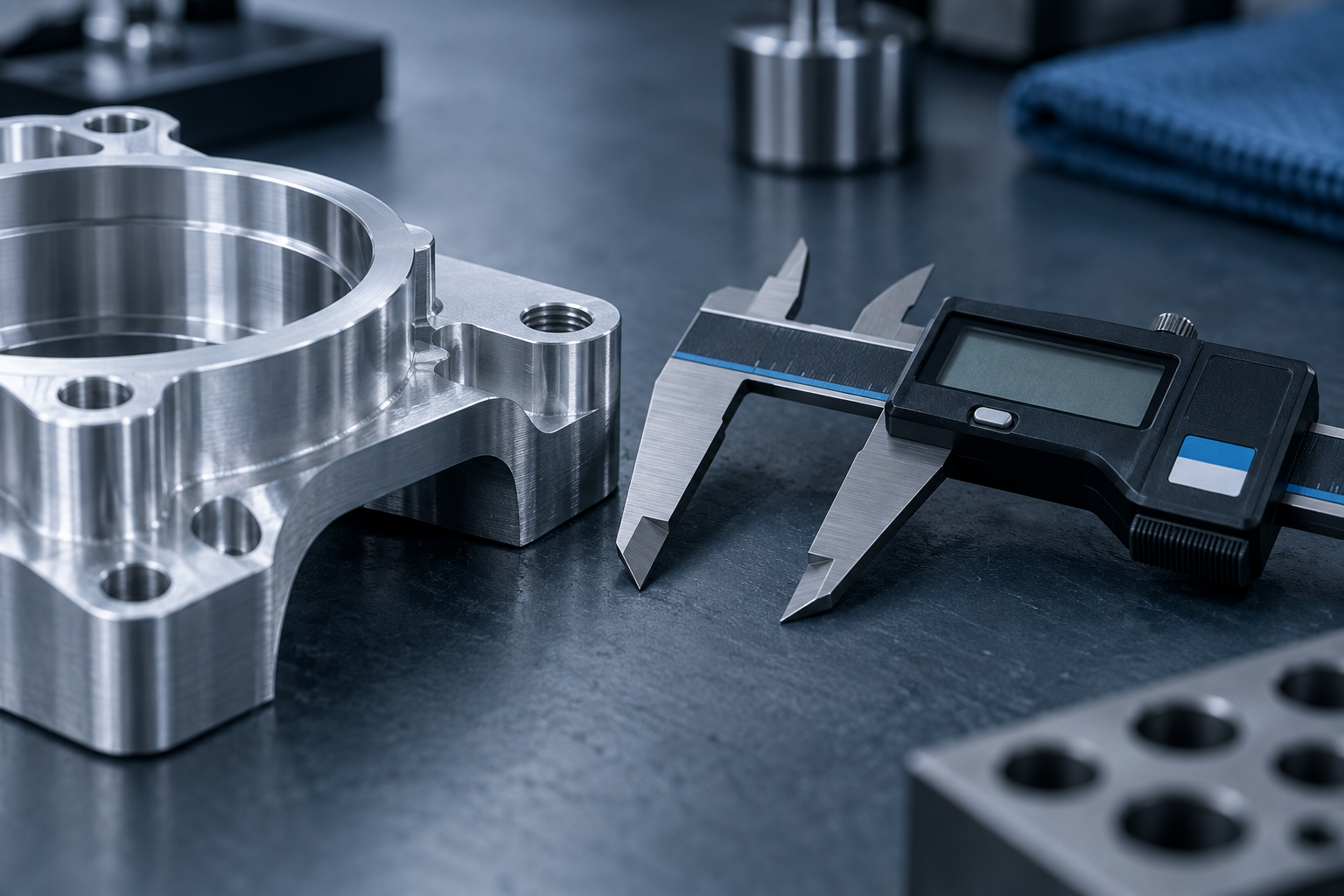 A serialized digital caliper resting beside a freshly machined first-article aluminium part on a neutral workbench
