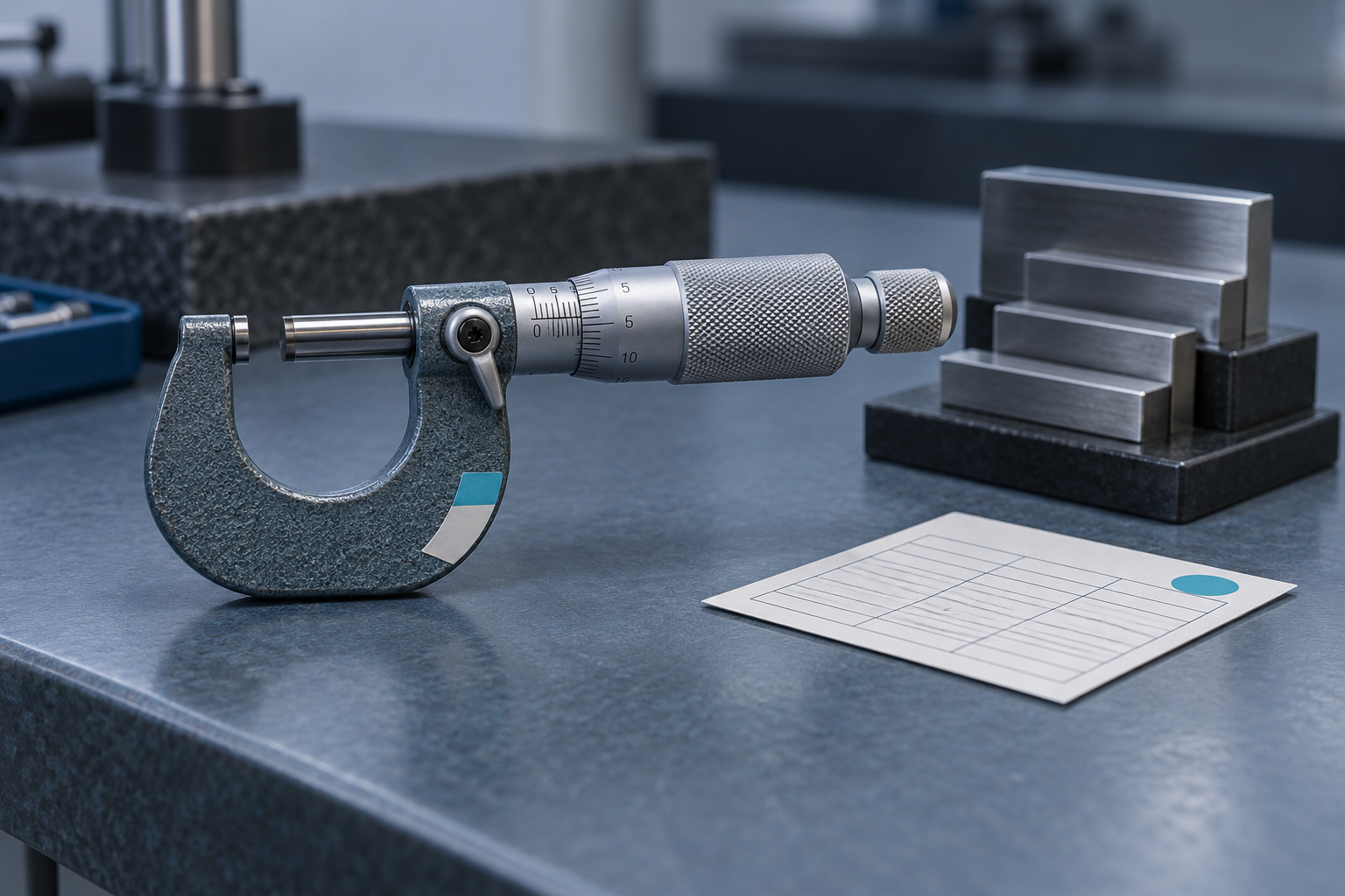 An outside micrometer standing on a workbench beside a stack of gauge blocks, representing calibration status at a fixed point in time