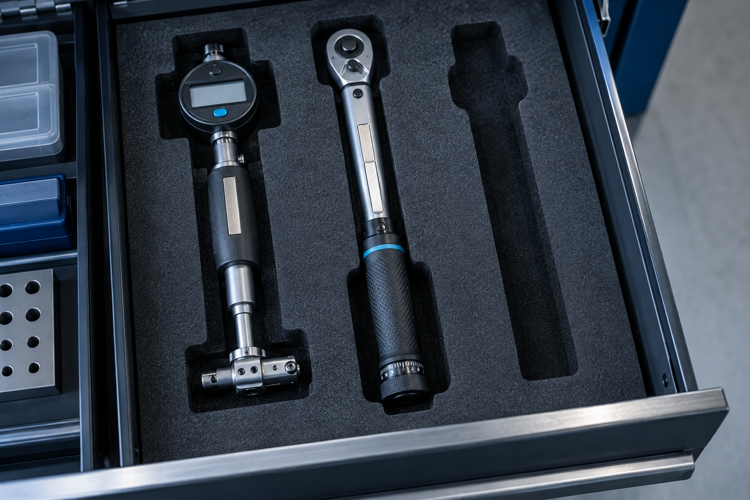 A serialized bore gauge and torque wrench in a foam-lined instrument crib drawer with one slot empty, evoking a check-out possession trail
