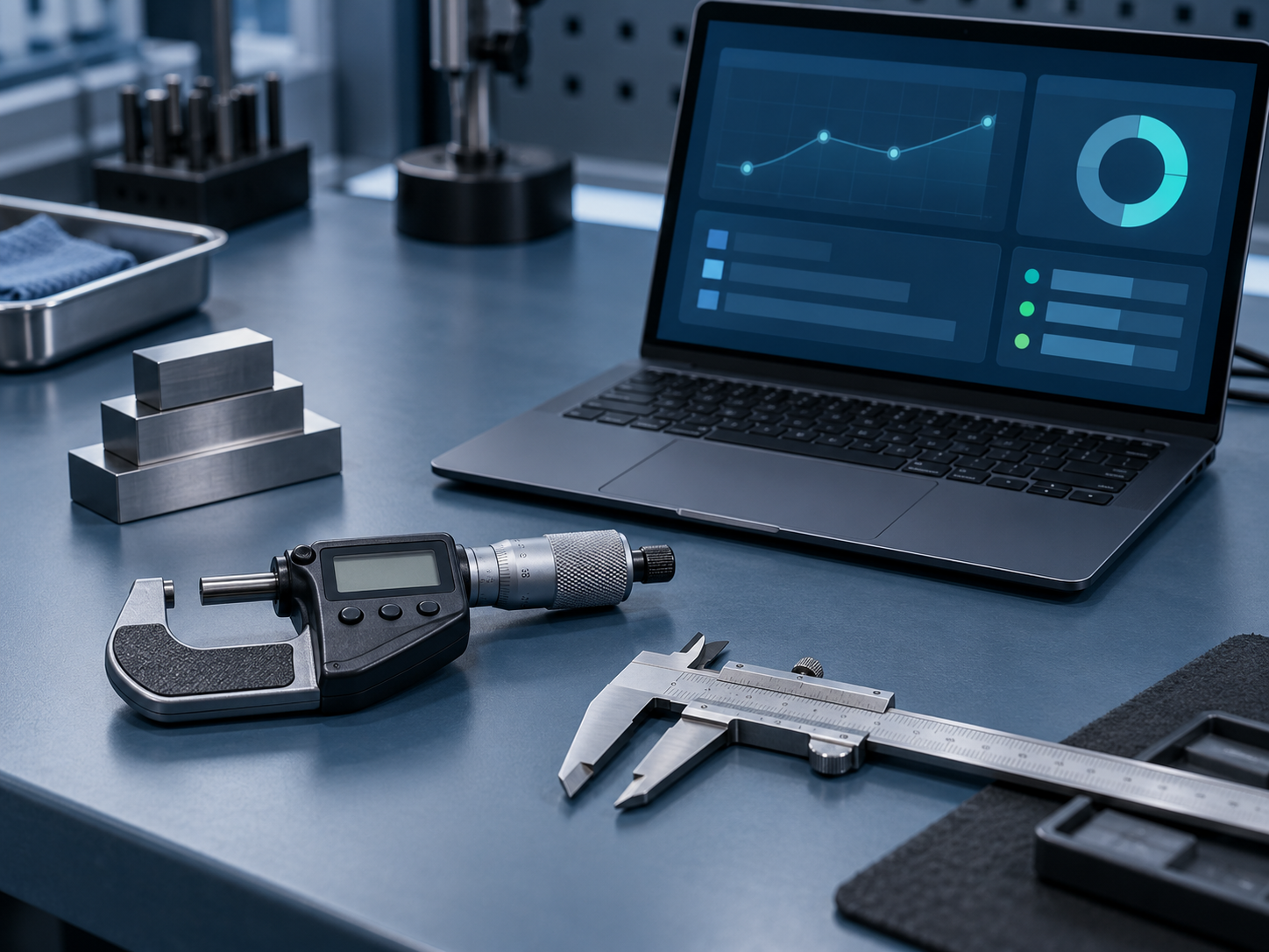 Precision measuring instruments and a laptop showing an organized dashboard on a blue-slate calibration workbench