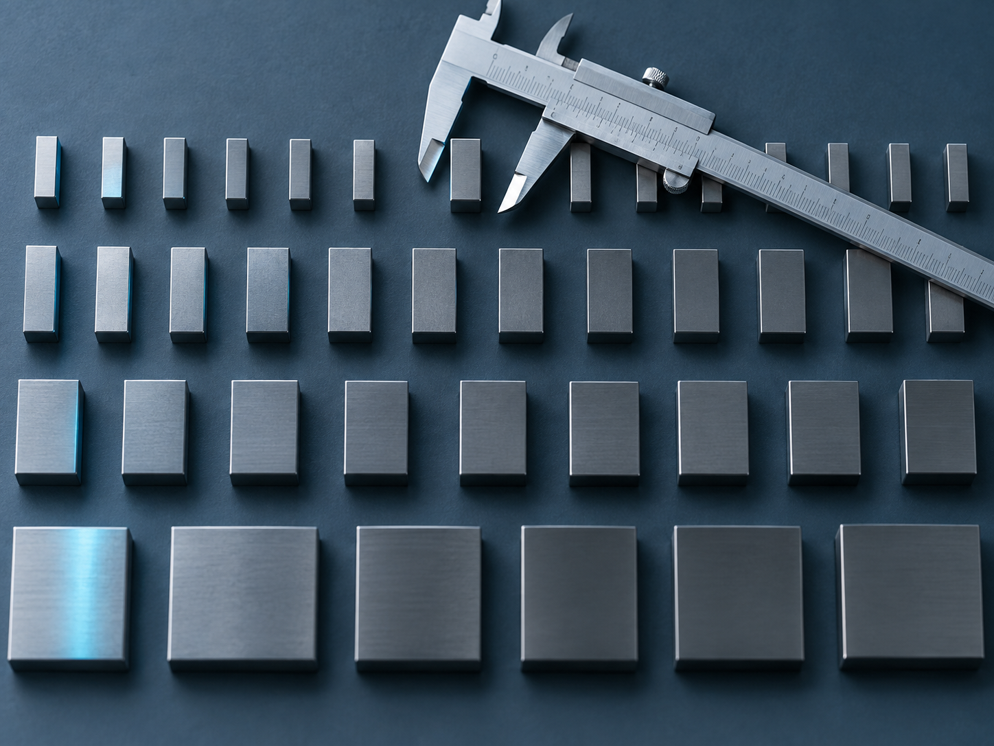 Steel gauge blocks laid out in ordered rows like a scorecard, a caliper resting across the top
