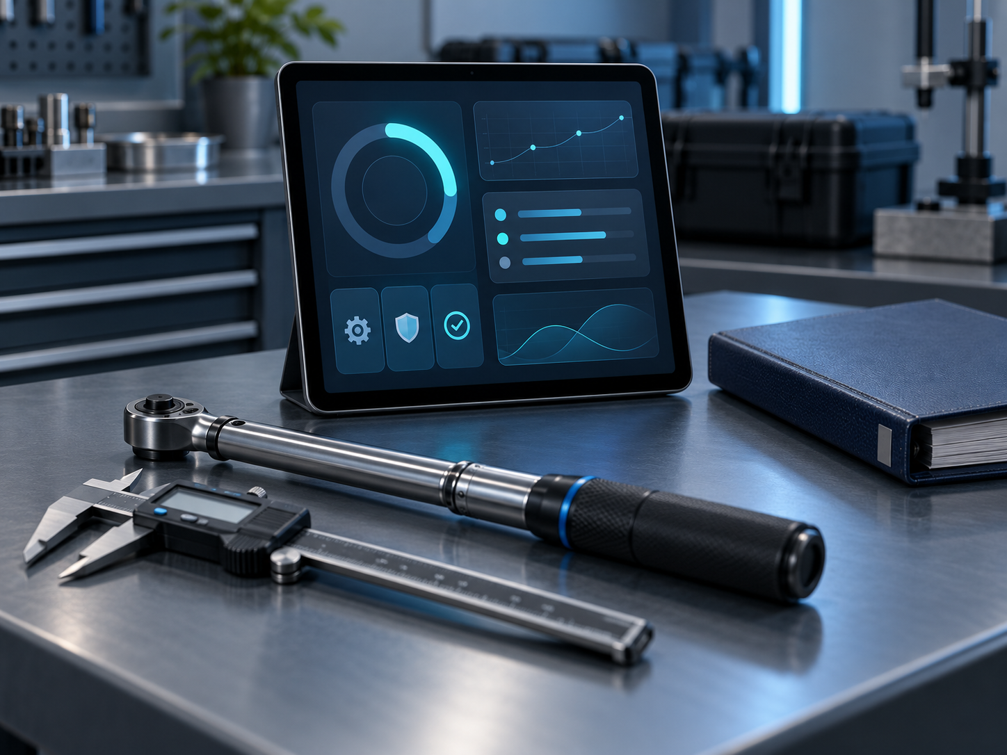 A digital caliper and torque wrench beside an upright tablet showing an organized dashboard, with an archived certificate folder