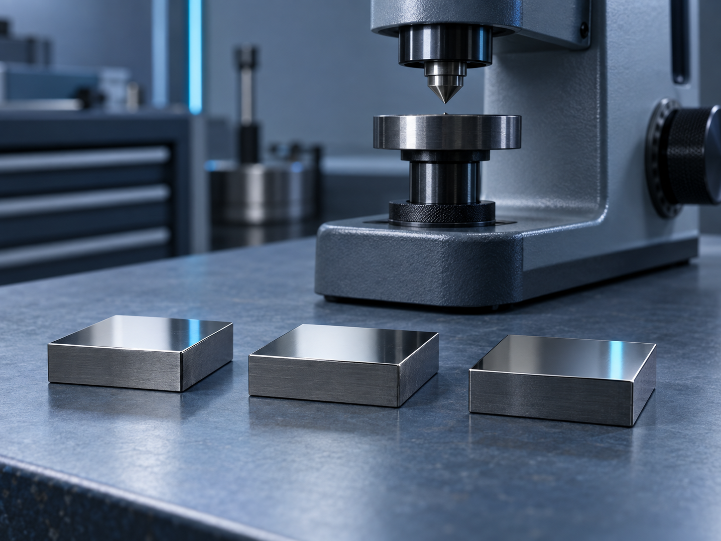 A Rockwell hardness testing machine on a blue-slate workbench with certified reference test blocks in a row in front of it