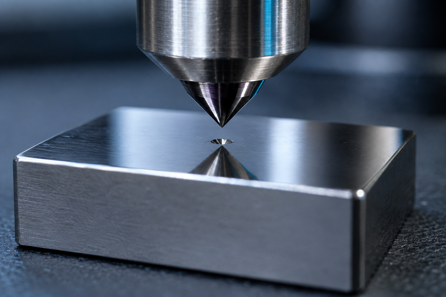 Macro view of a hardness tester diamond indenter descending toward the polished face of a certified reference test block