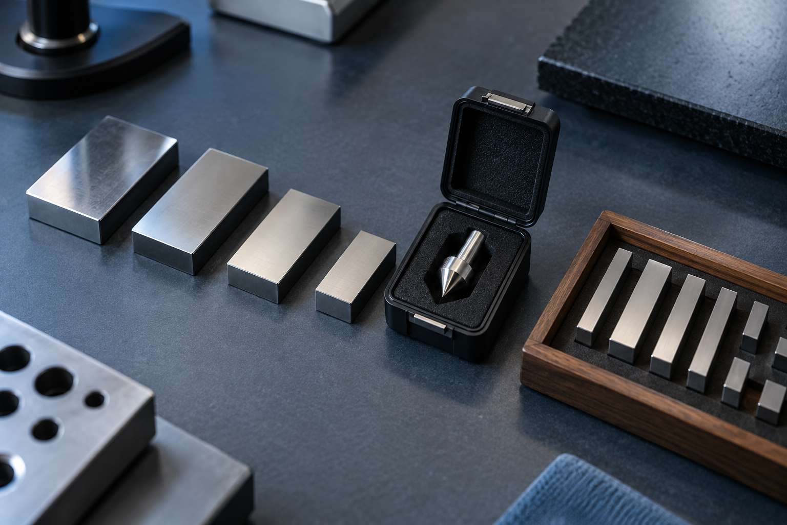 Overhead view of certified hardness reference blocks, an indenter case and gauge blocks laid out in an orderly row for registration