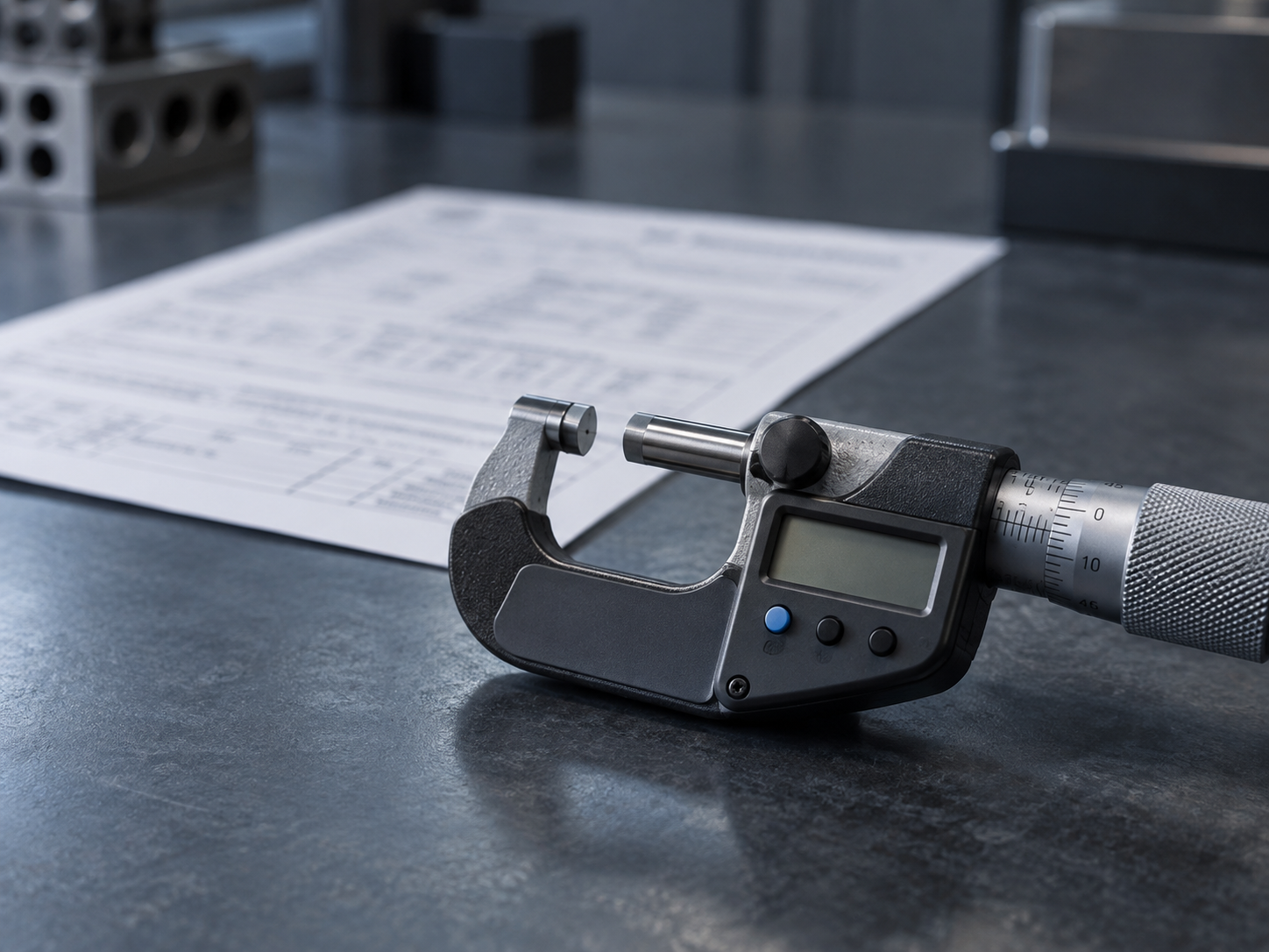 A precision micrometer in sharp focus on a blue-slate workbench with a printed calibration certificate lying out of focus behind it