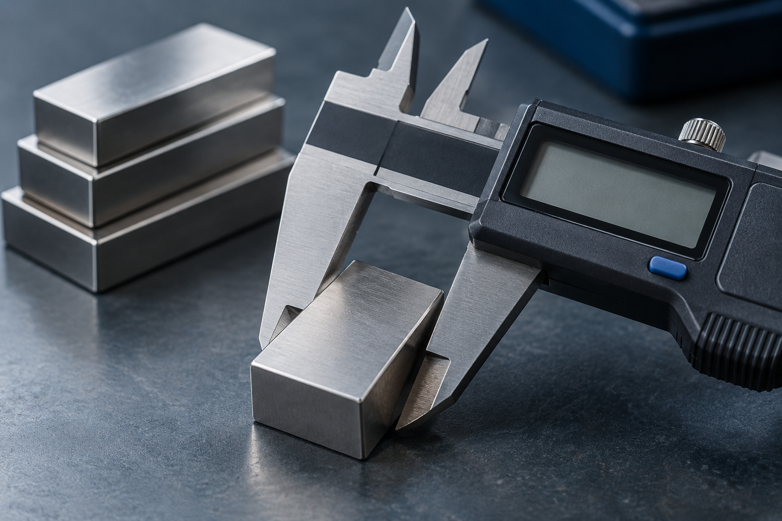 A digital caliper measuring a polished steel gauge block in macro detail on a blue-slate workbench, with additional gauge blocks behind