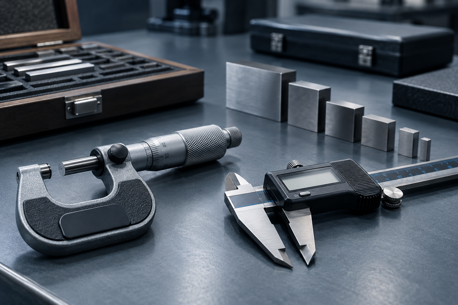 An ordered row of calibrated instruments — micrometer, digital caliper and gauge blocks — arranged on a blue-slate workbench, conveying a complete traceable record