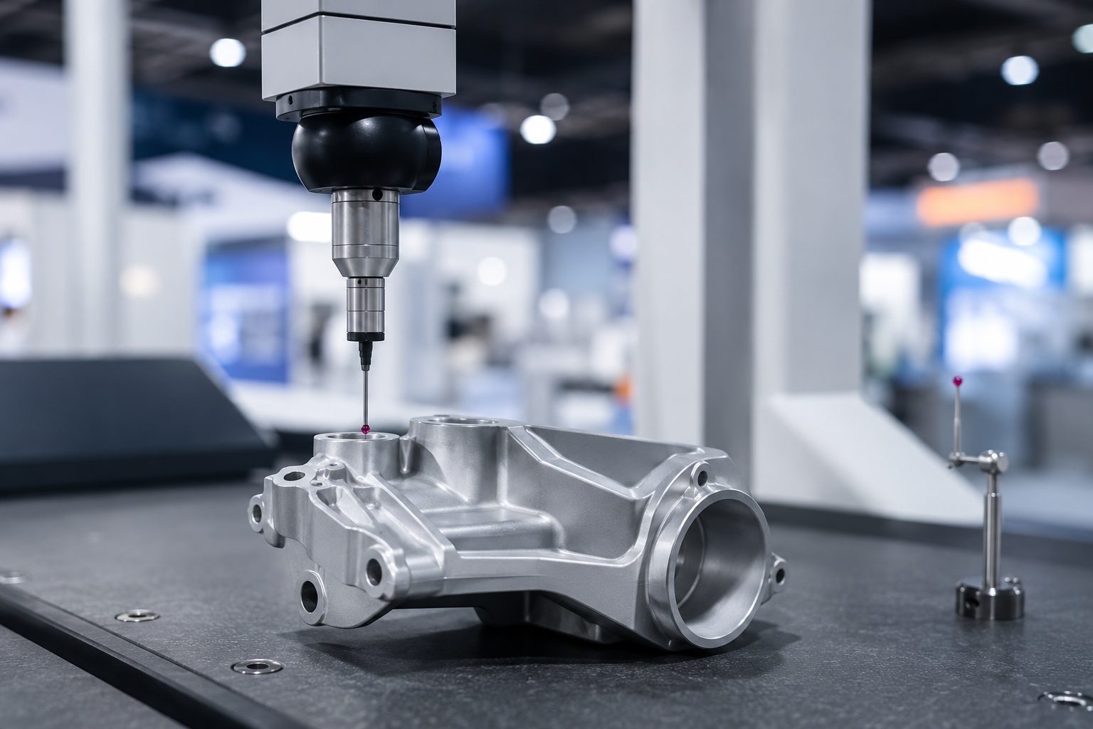 A CMM touch probe poised over a metal component on an inspection bench in a bright exhibition hall