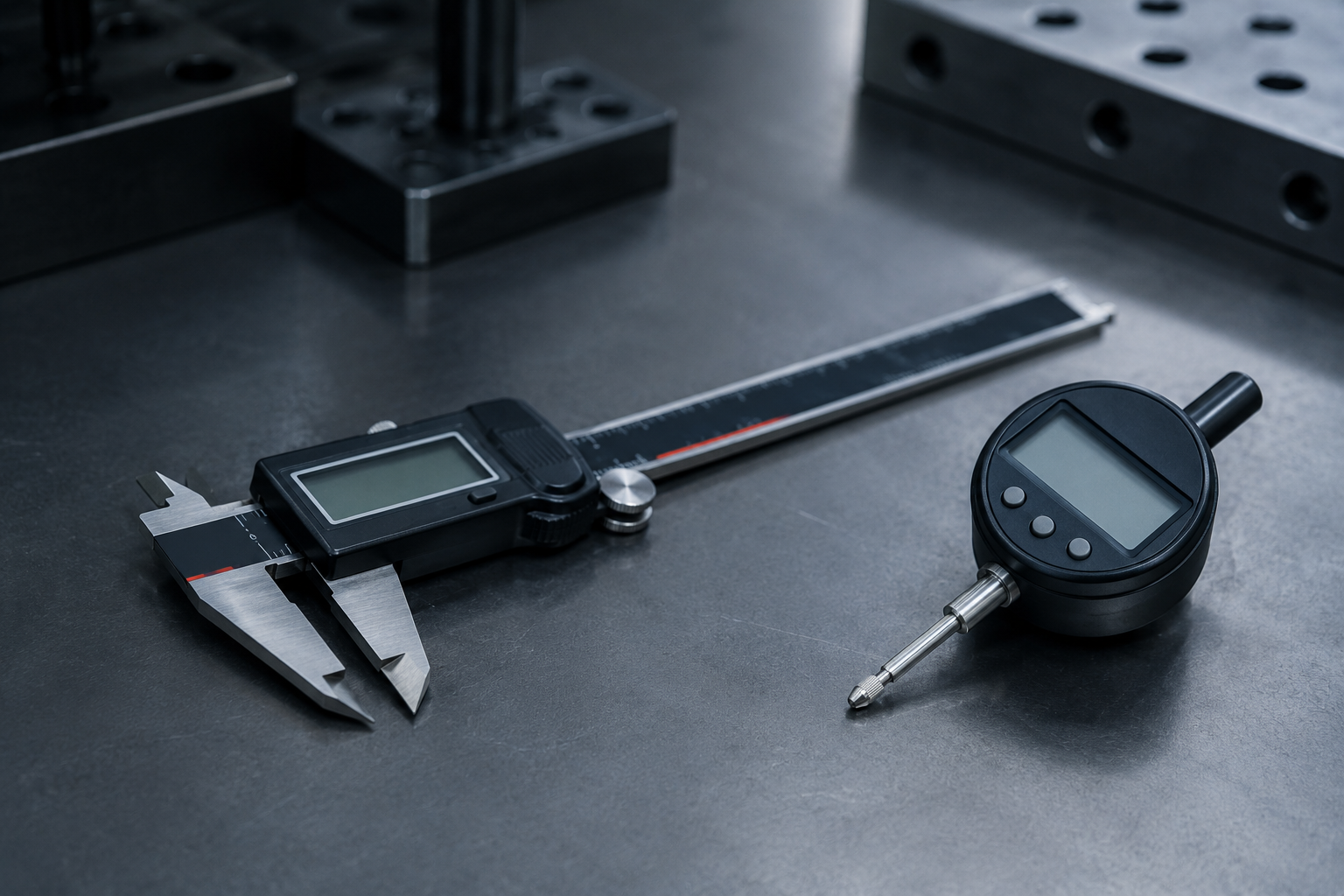 A single wireless digital caliper and indicator on a bare workbench with no certificate beside them