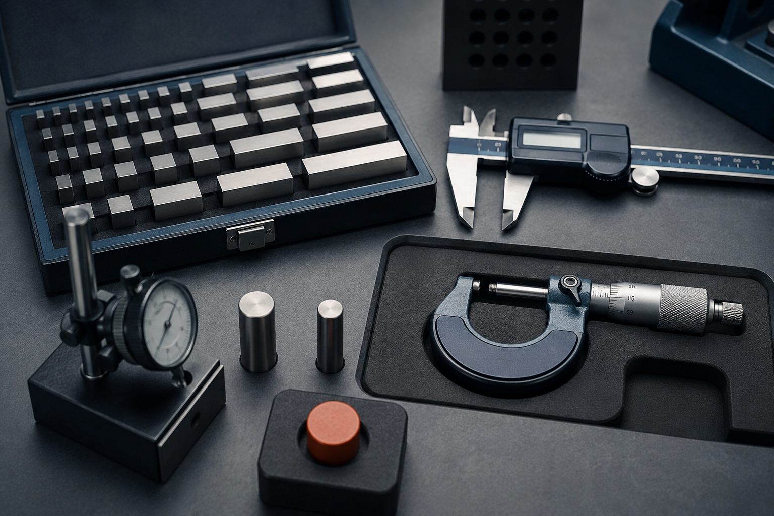 Micrometer, digital caliper and gauge blocks arranged in an orderly grid on an inspection bench