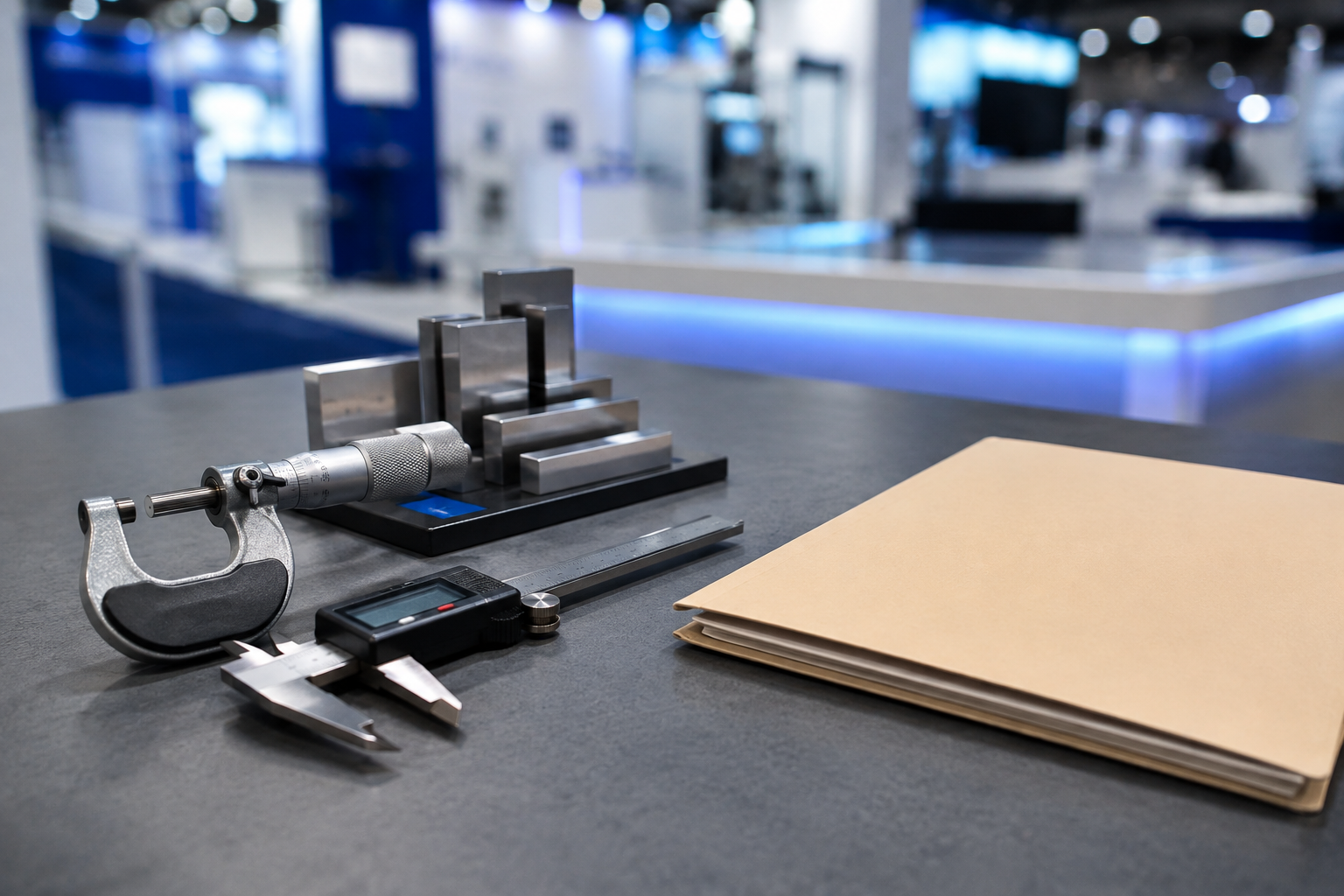 A micrometer, digital caliper and stacked gauge blocks beside a plain document folder on an inspection bench in a bright exhibition hall