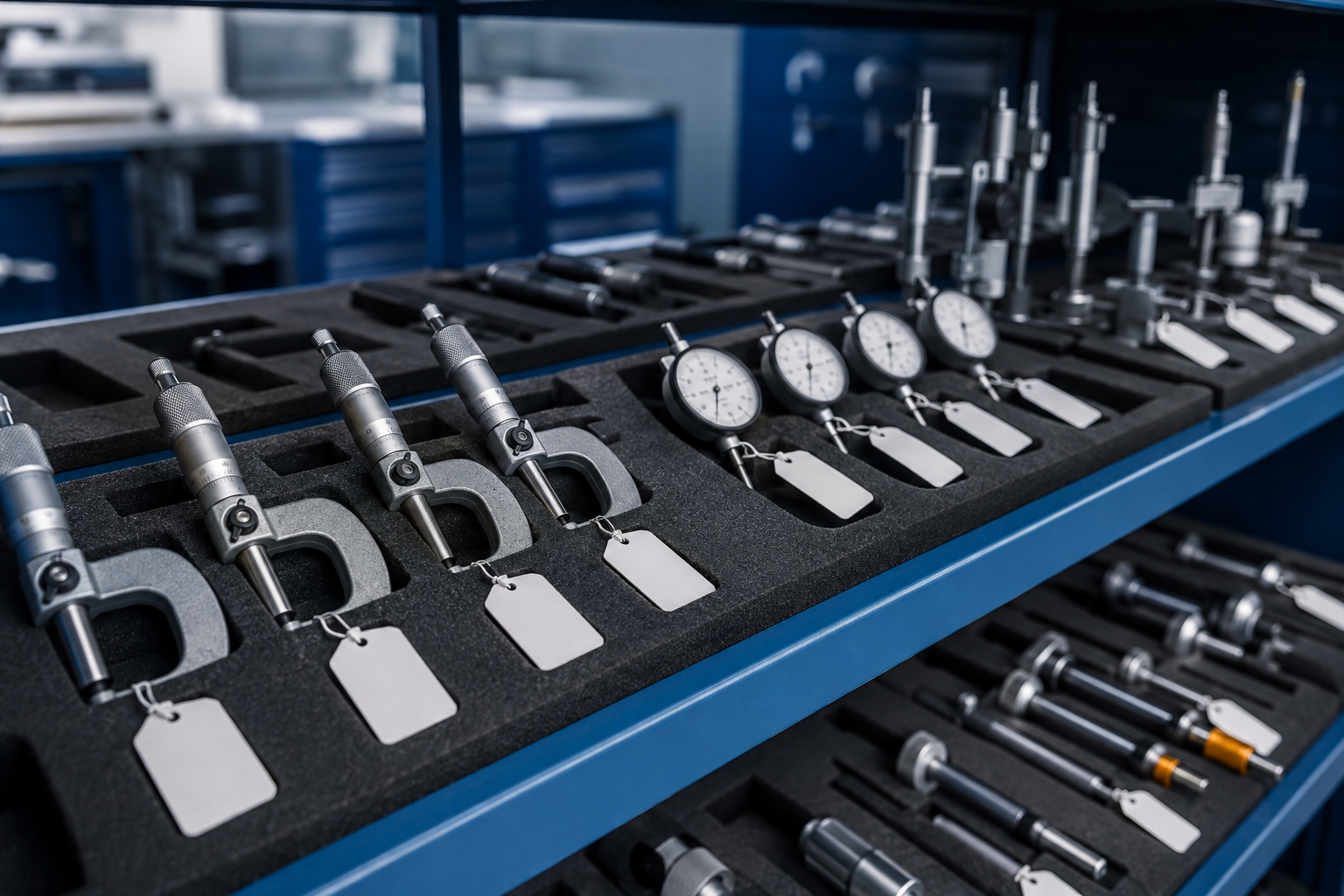 A metrology-room rack holding rows of micrometers, dial indicators and bore gauges in neat foam slots with blank status tags