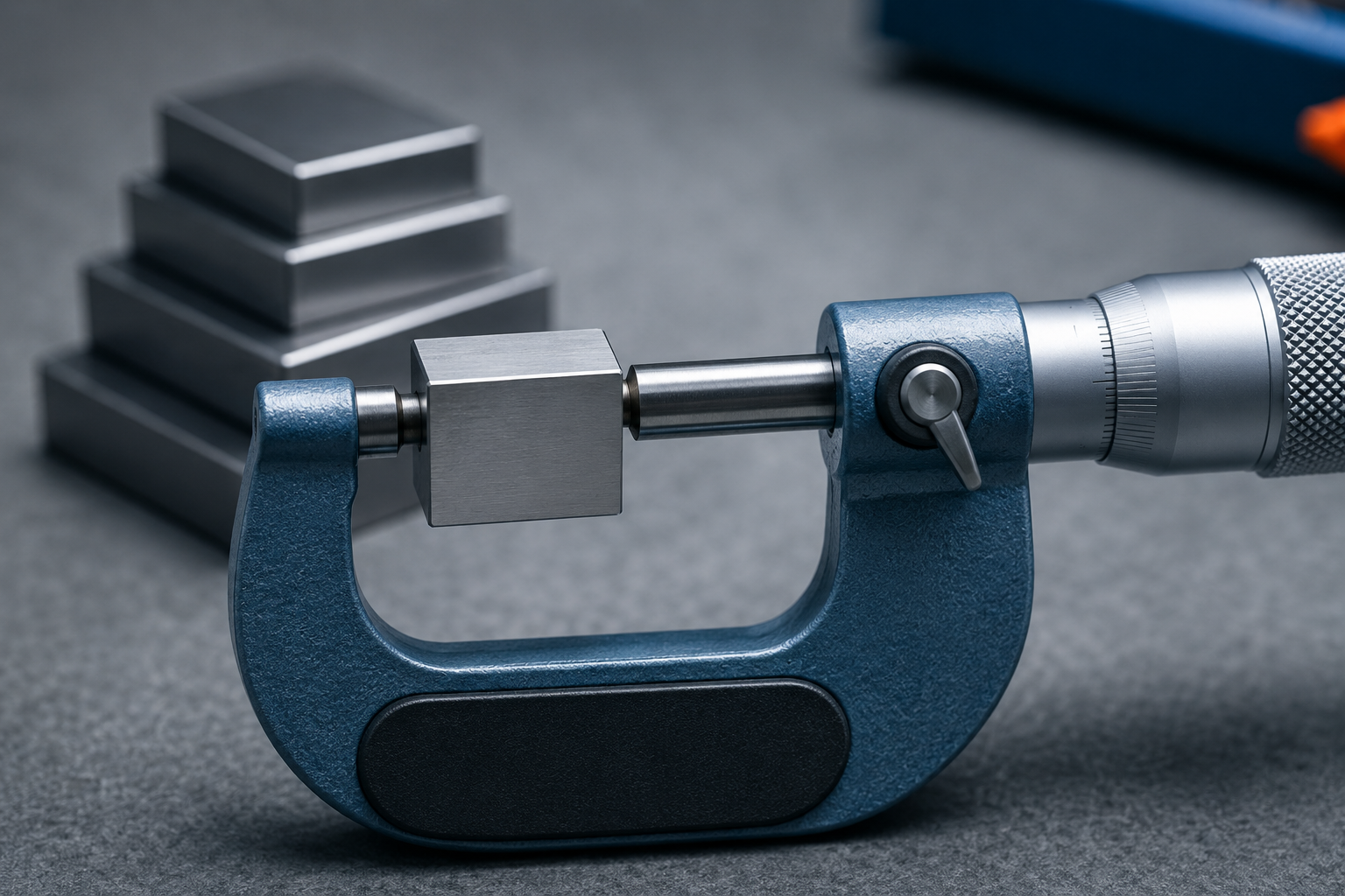 A precision micrometer closed onto a polished steel gauge block on a matte inspection surface, with stacked gauge blocks blurred behind