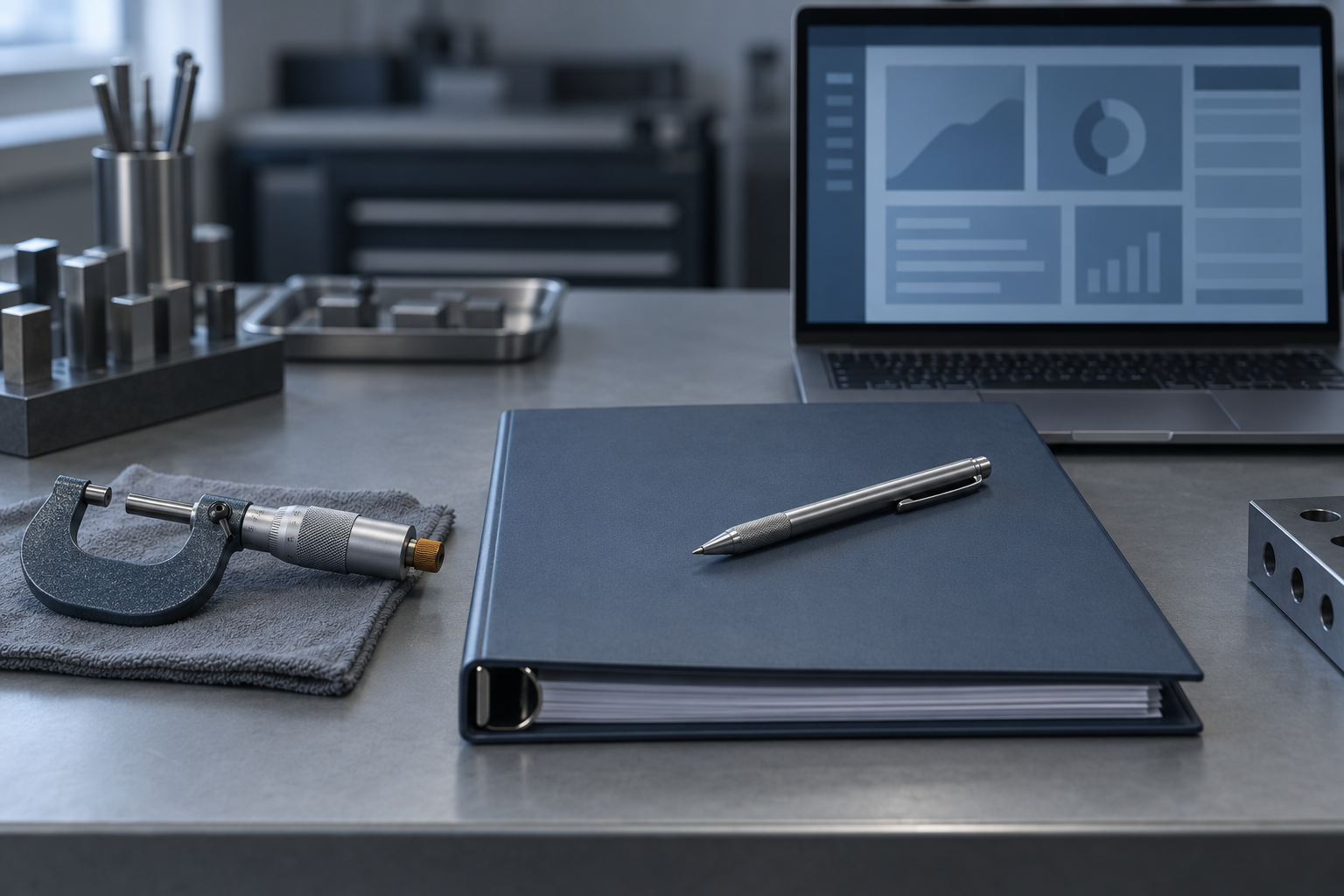 A closed slate-blue binder with a pen beside an outside micrometer and an open laptop showing an abstract dashboard on a grey workbench