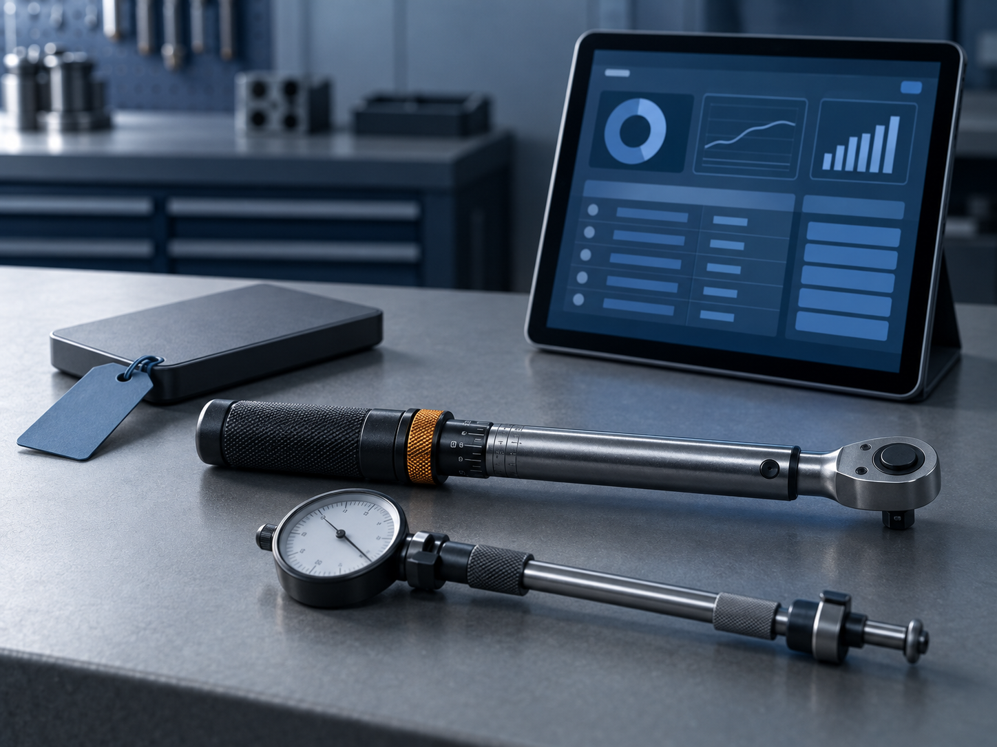 A tagged external drive archived beside a tablet showing an organized dashboard, with a torque wrench and dial bore gauge in the foreground