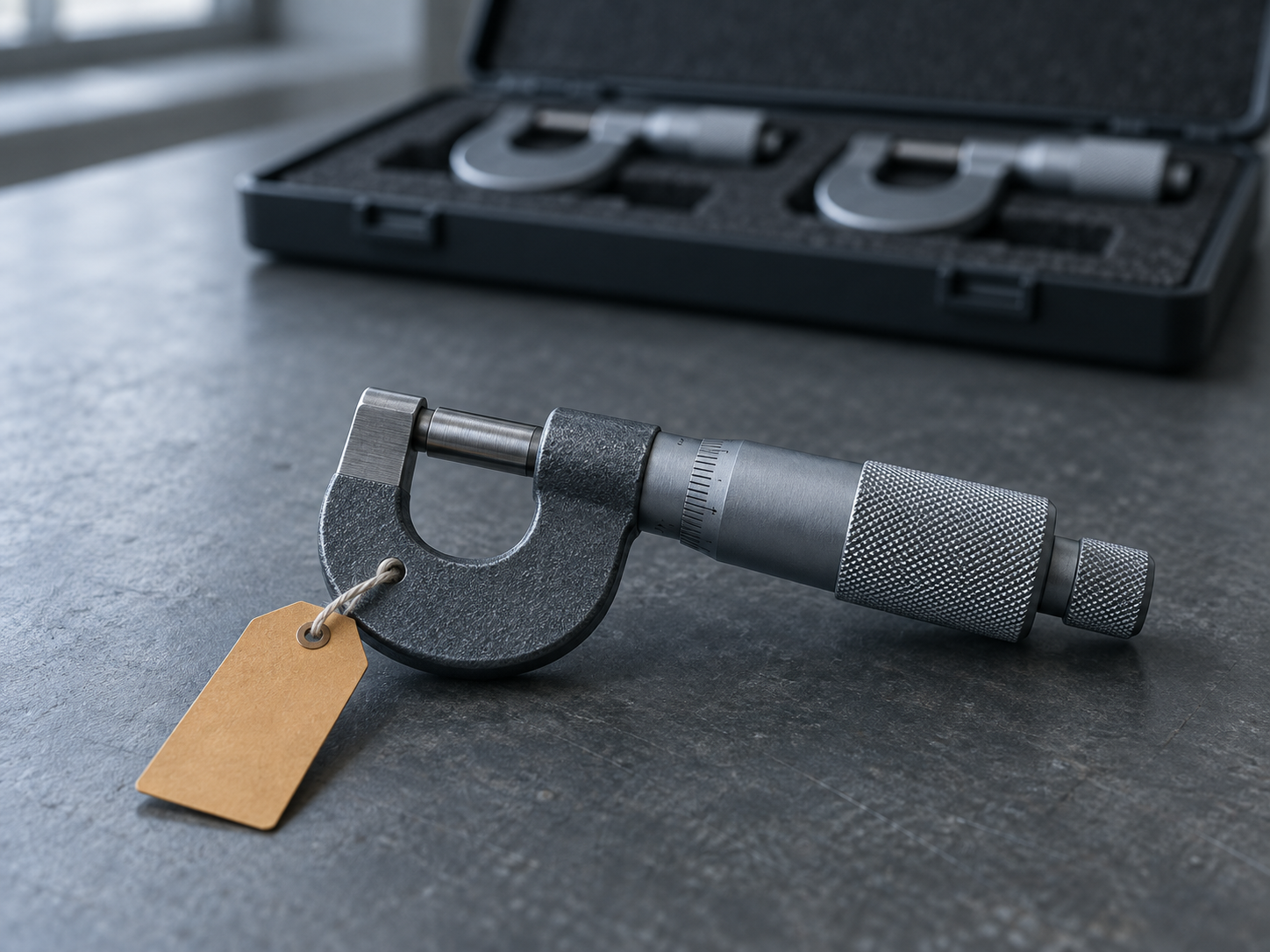 An outside micrometer on a slate workbench with a blank amber quarantine tag, set apart from other micrometers in a case