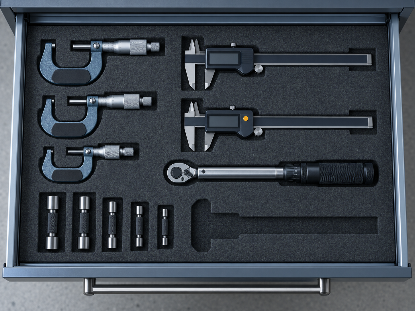 A foam-lined tool-crib drawer seen from above holding micrometers, calipers, a torque wrench and plug gauges, with one empty cut-out