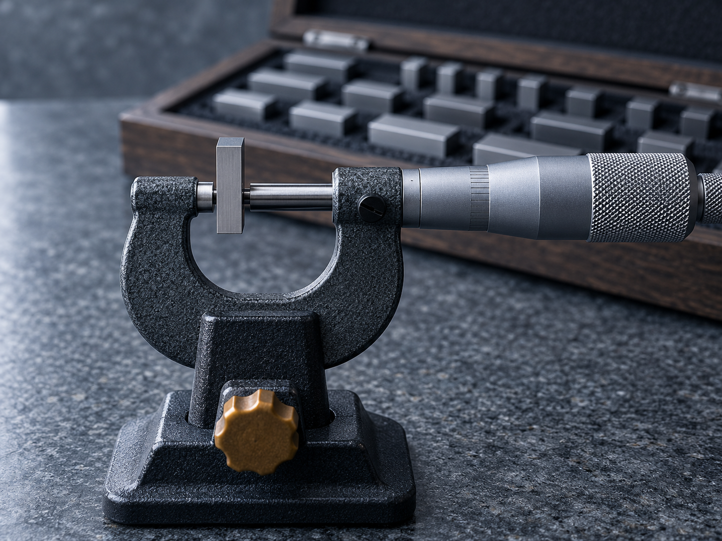 An outside micrometer held in a stand measuring a single gauge block, with an open gauge block set behind it