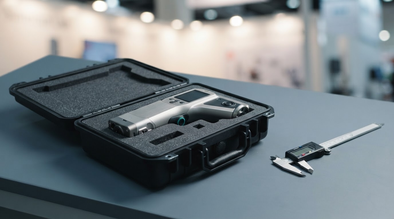 A just-unpacked precision measurement scanner and a digital caliper resting in an open foam transit case on a neutral inspection bench, with softly blurred exhibition-hall booth lighting glowing behind