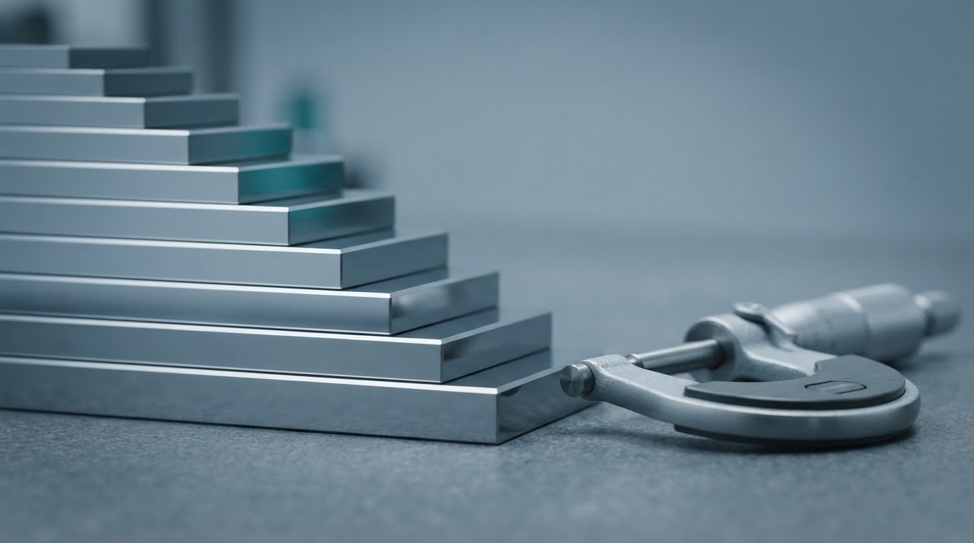 A stepped stack of mirror-polished gauge blocks beside a micrometer on a neutral inspection bench, macro detail under cool raking light, evoking verification against traceable reference masters
