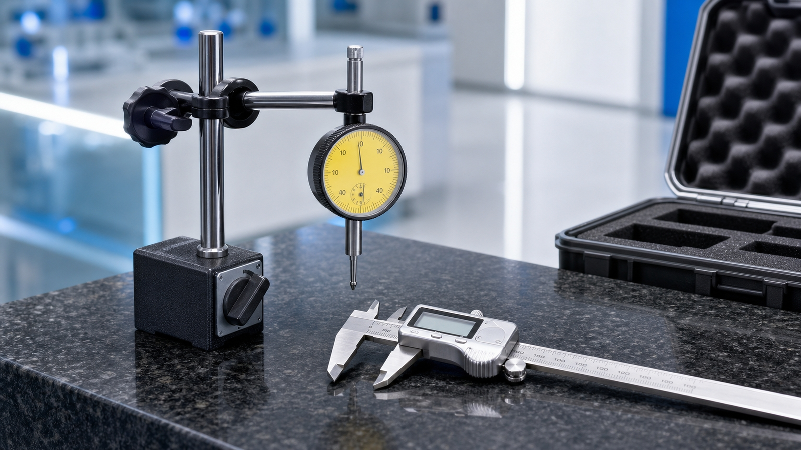 A dial indicator on a stand and a digital caliper on a polished black granite surface plate in a cool controlled metrology room, with the corner of an empty foam transit case at the edge of frame