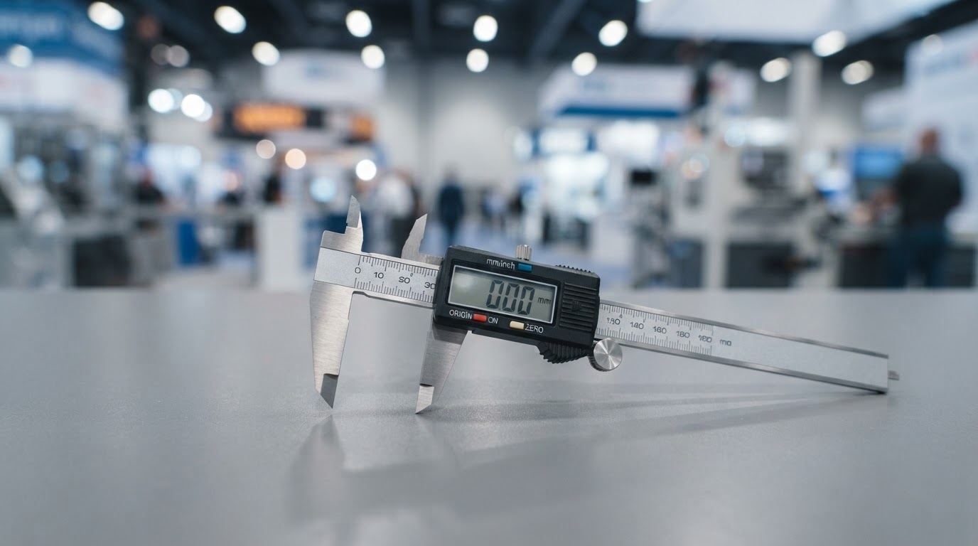 A single new digital caliper resting alone on a neutral inspection bench in a softly blurred exhibition hall