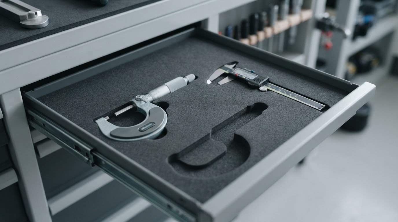 A micrometer and digital caliper seated in precise foam-insert slots inside an instrument drawer, with one empty slot